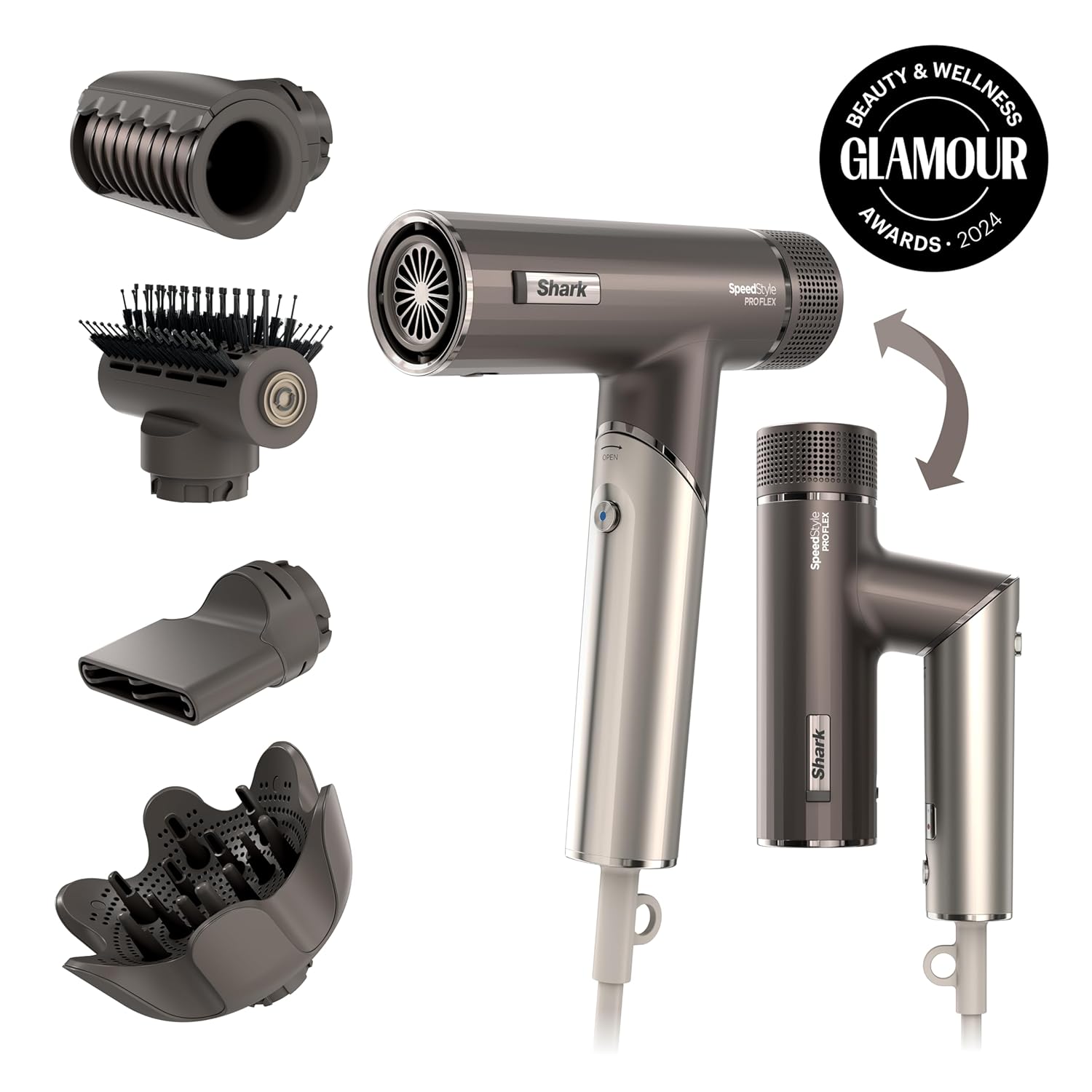 Shark SpeedStyle Pro Flex Professional Performance High-Velocity Hair Dryer System with Scalp Shield & IQ Speed Styling and Drying Suite, Lightweight, Ionic, No Heat Damage, Mocha Silver, HD542