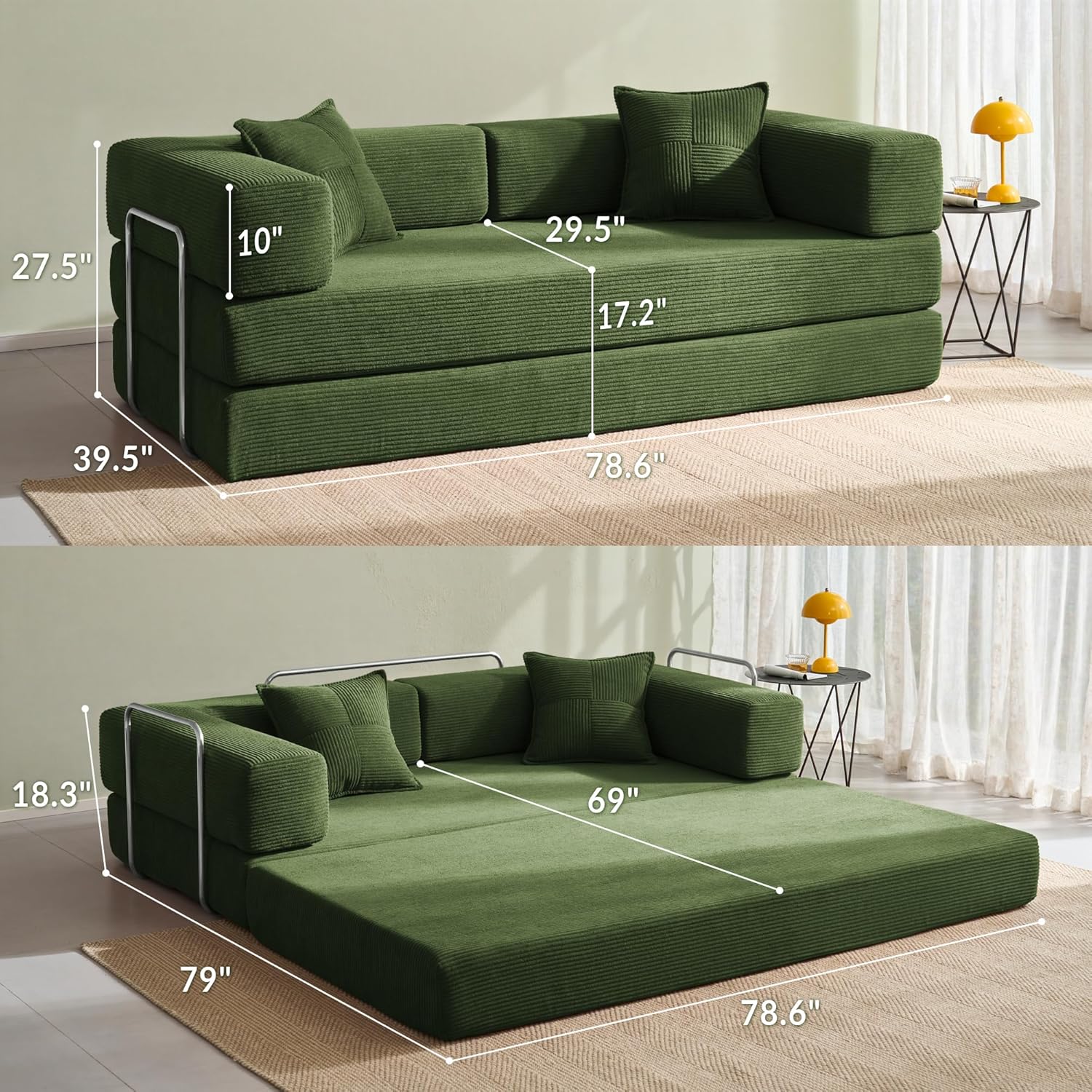 YINIX Foldable Sofa Bed, 78'' Folding Floor Couch, Compressed Convertable Sleeper Sofa, Memory Foam Couch with Pillow Back Support Armrest, 4-in-1 Futon Sofa Bed for Living Room, Green