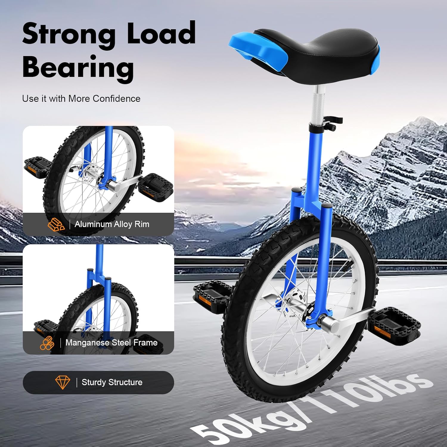 DYNAMI Unicycle with Excellent Steel Frame, Leakproof Tire, Adjustable Height, Curved PU Seat, Silent Bearing, Anti-Slip Designs, for Outdoor Sports Fitness Exercise