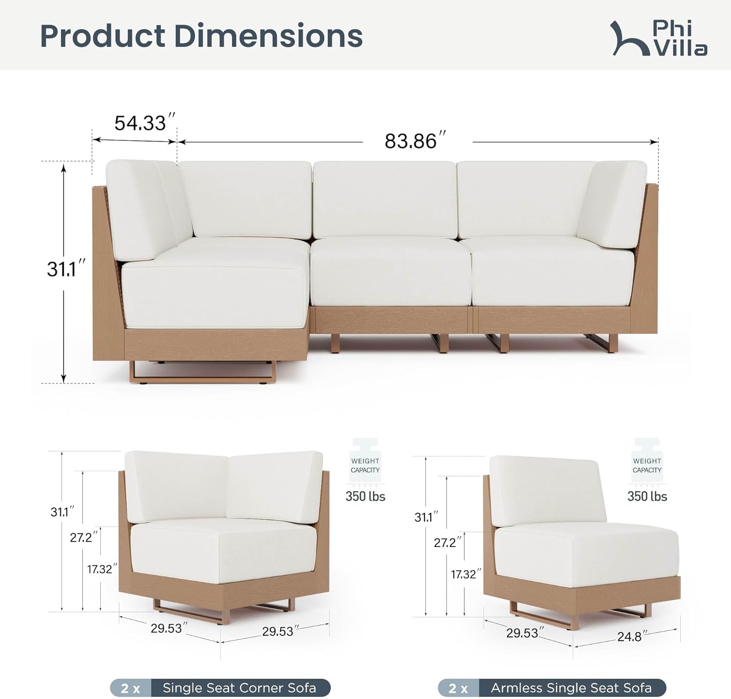 PHI VILLA 4 Piece Patio Furniture Set L Shape Outdoor Sectional with 8.7inch Ultra-Thick Cushion, All Weather Wicker & HDPE Patio Conversation Sets Backyard Furniture for Deck Lawn Garden