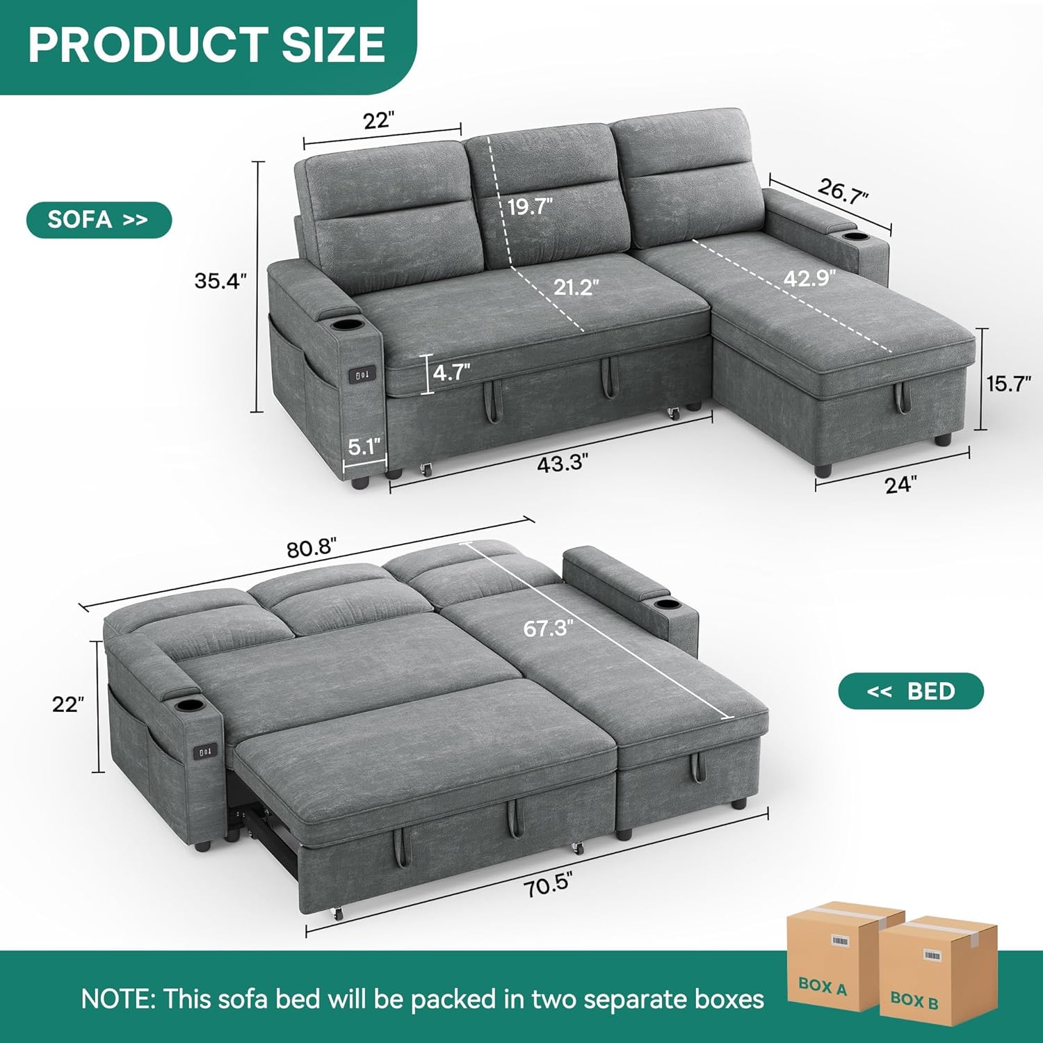 Amazon: YITAHOME Modular Sofa Bed, with Pull-Out Sofa Bed, 81inch Convertible Sofa Bed, Adjustable Backrest, with Armrests and USB Port, Gray: Home & Kitchen