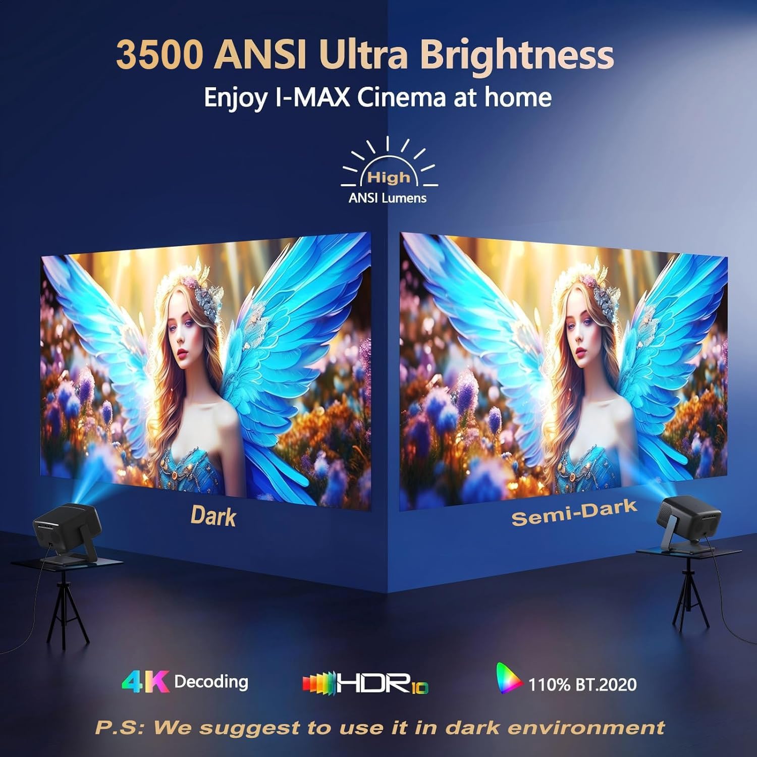 [3500 ANSI/ Official Apps/65W Audio] Outdoor 4K Projector with WiFi and Bluetooth, Auto Focus, Auto Keystone Smart Projector Supports Dolby Audio, 2026 Upgrade GO2 Short Throw Projector with 360°Stand