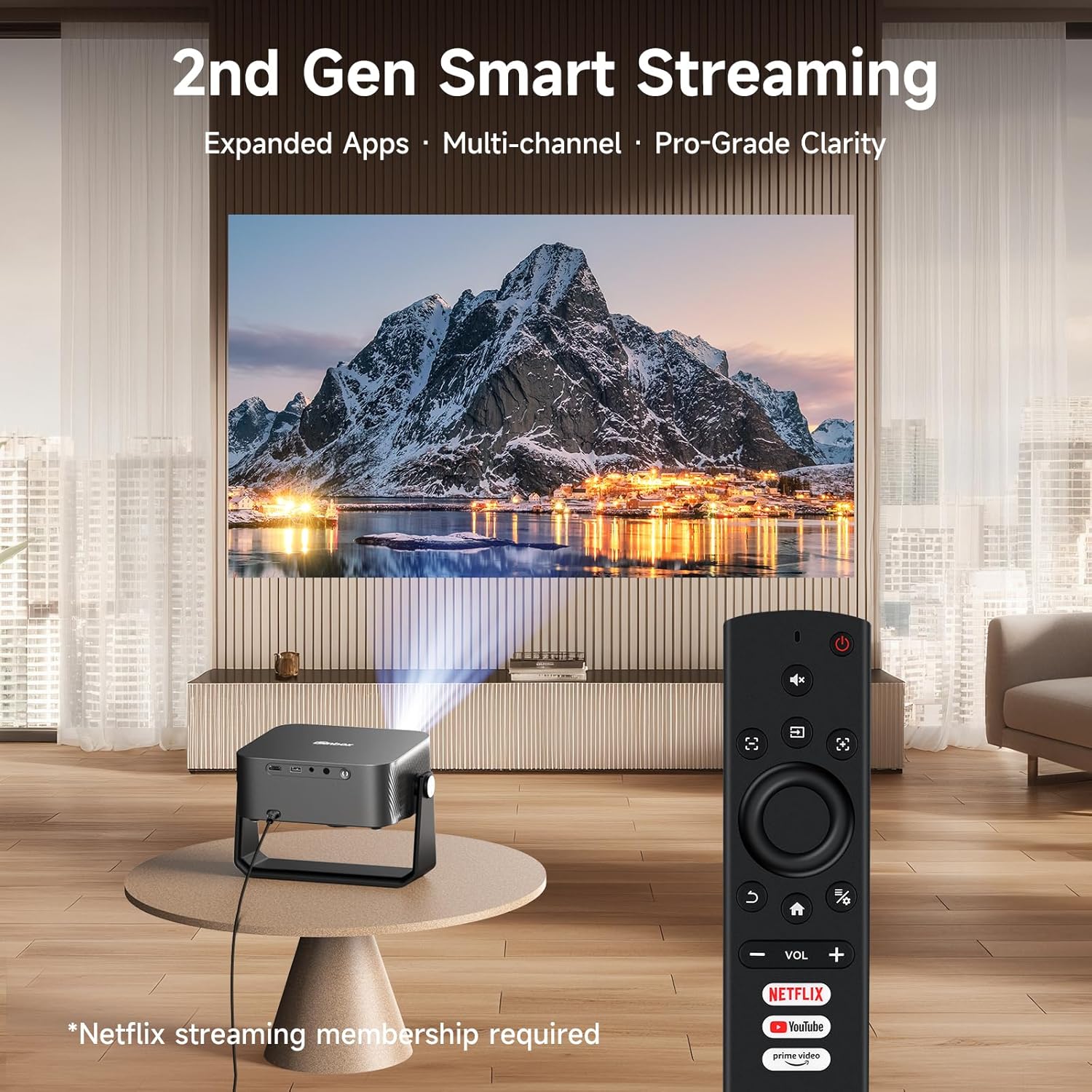 [2000 ANSI/Auto Focus & Keystone/Built-in APP] 4K Outdoor Projector with Wifi and Bluetooth, Smart Portable Projector with Built-in Apps YouTube/PrimeVideo & Dolby, Home Theater Projector with HDR10+