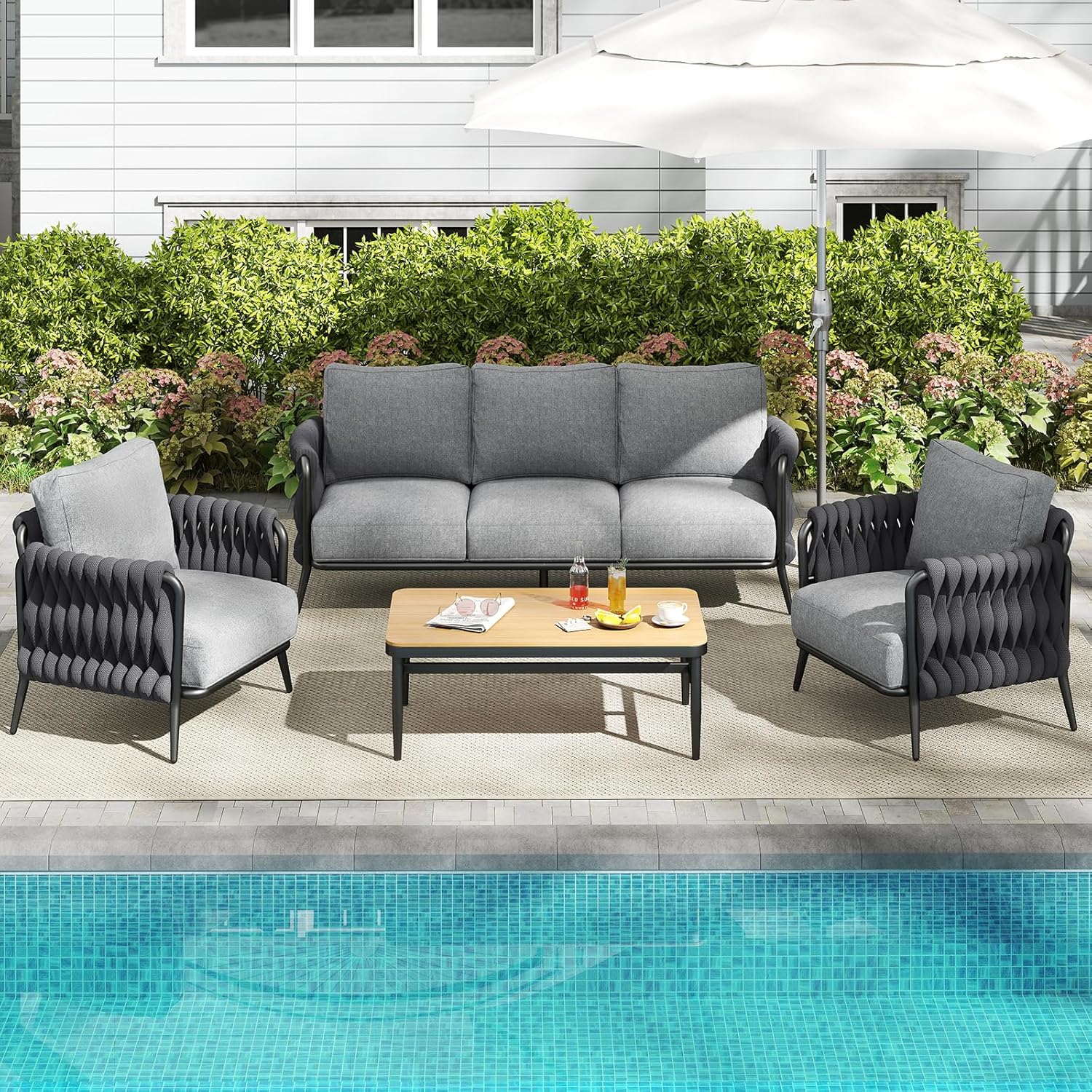 Jocoevol Outdoor Patio Furniture Set, Outdoor 5-Seat Sofa with Coffee Table, Waterproof Thick Cushion Patio Conversation Set, All-Weather Outdoor Couch Set for Deck, Lawn, Balcony, Porch