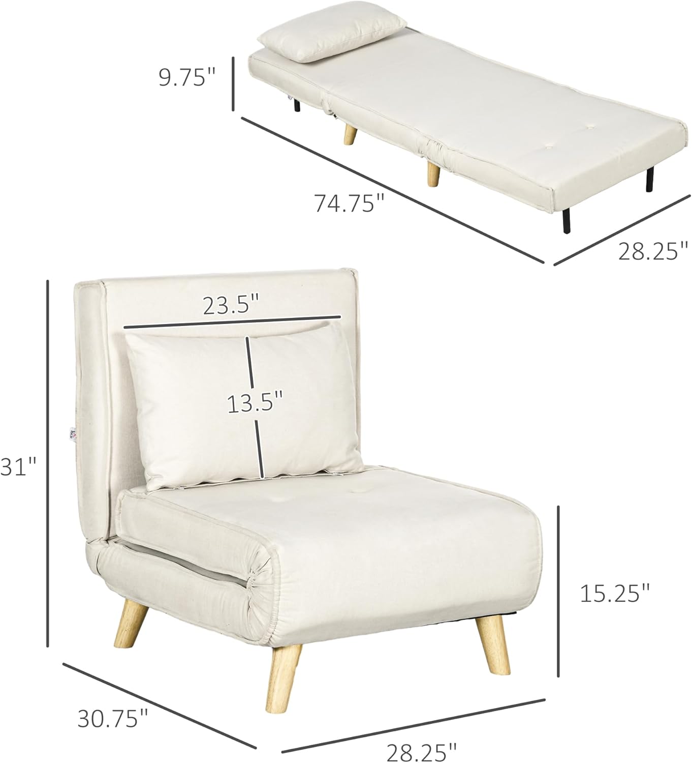 HOMCOM Convertible Chair Bed, 2-in-1 Multi-Functional Sofa Bed, Sleeper Chair with Adjustable Backrest for Living Room, Bedroom, Home Office, Beige