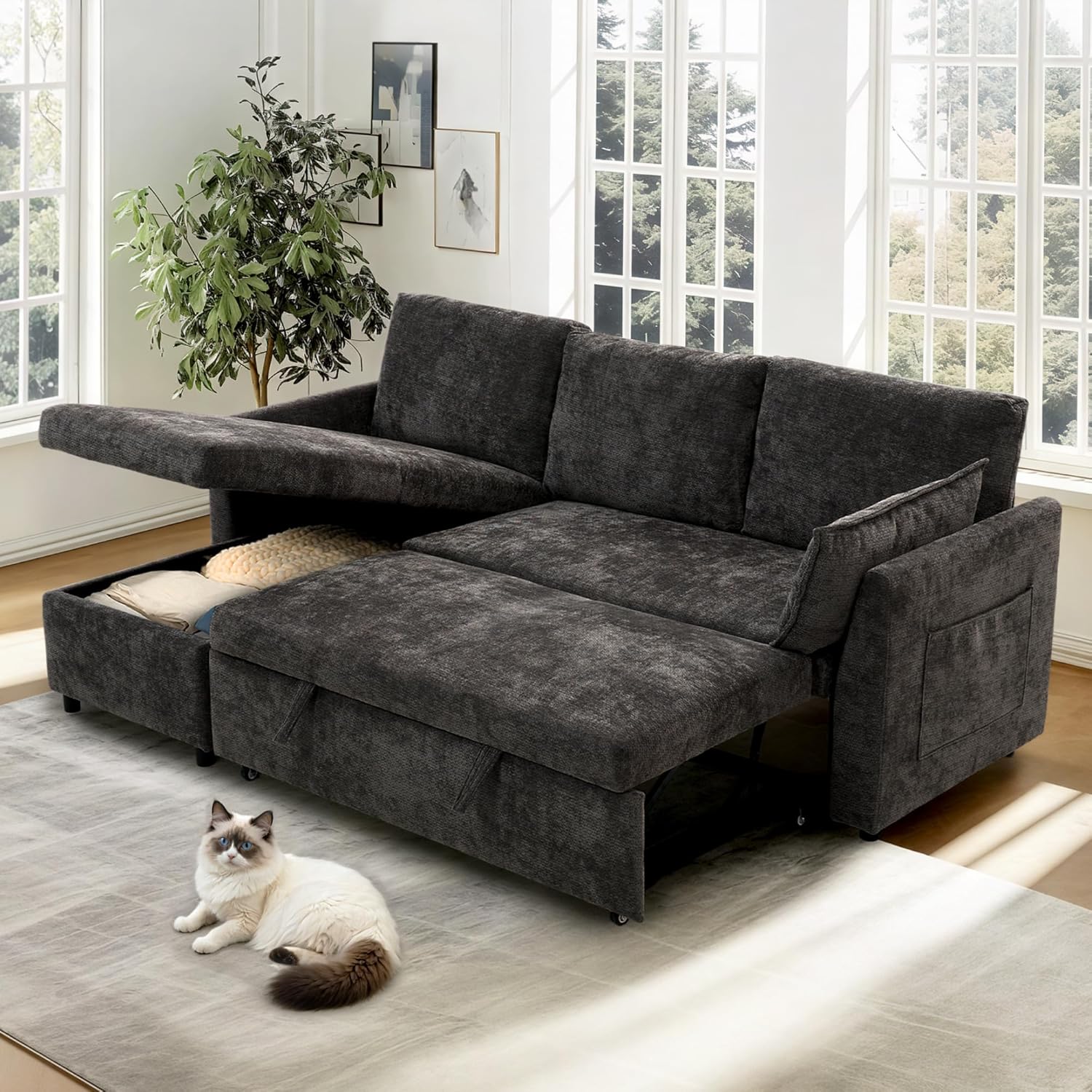 FLEXISPOT XCT4 Pull Out Couch, 3-in-1 Sleeper Sofa Bed with Adjustable Backrest, Loveseat Sleeper with Pillows & Side Pockets, Convertible Futon Couch for Small Spaces Guest Room Apartment, Cream