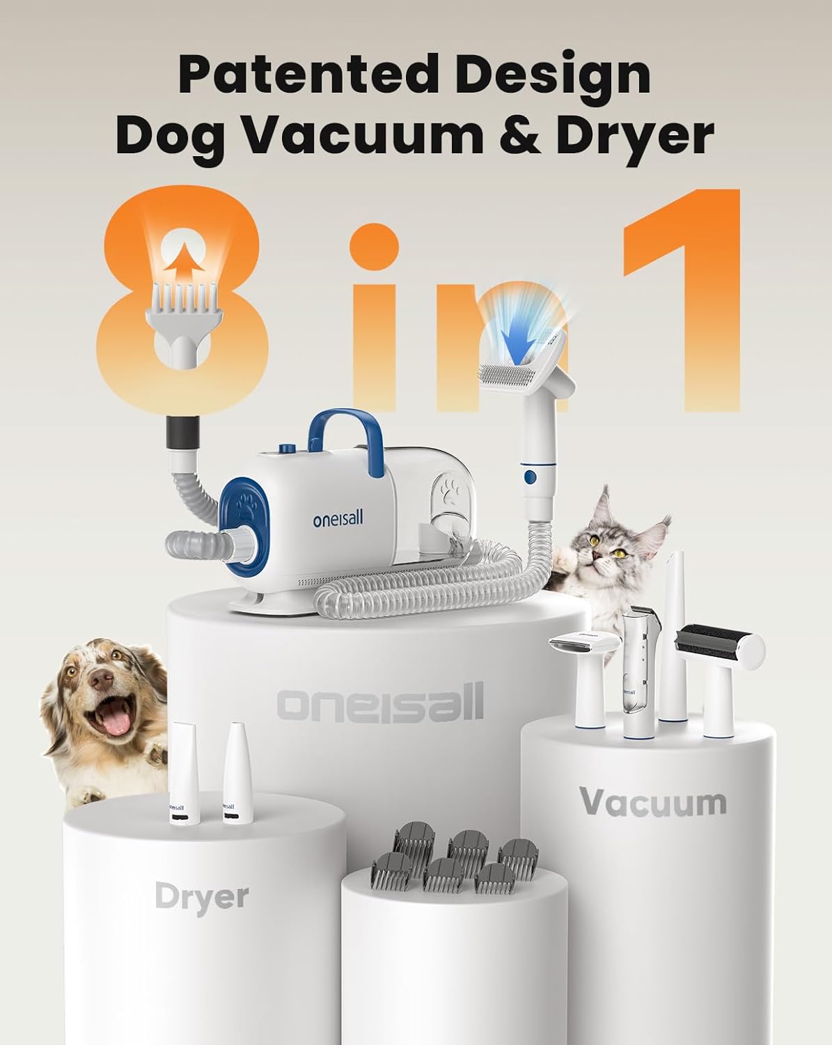 oneisall Dog Vacuum & Dryer for Shedding Grooming, 8 in 1 Dog Grooming Kit with Metal Blade Pet Clippers, Adjustable Speed and Temperature Control Blower