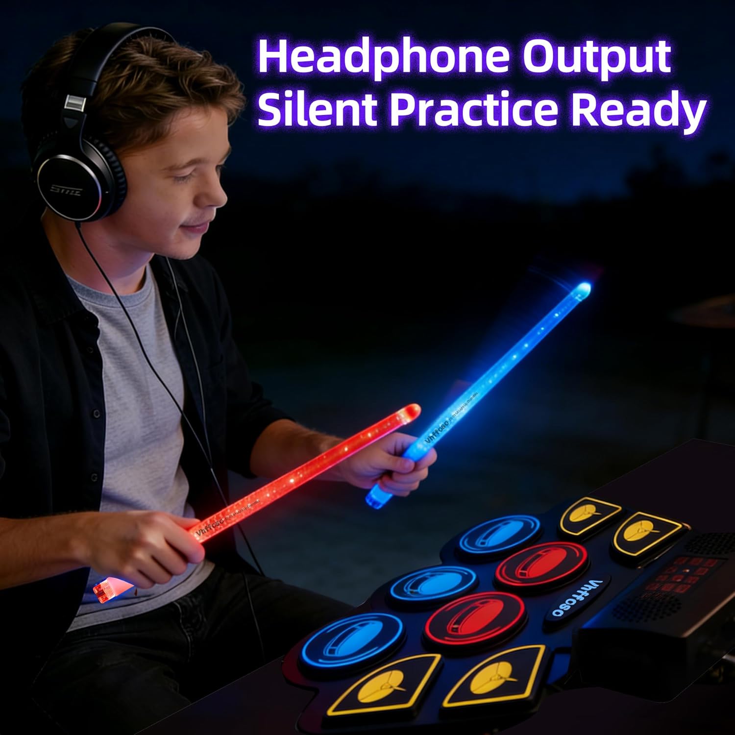 Electric Drum Set for Kids, Electronic Drum Pad with Light-Up Drumsticks and Drum Stand, Built-in Double Speakers and Rechargeable Battery, Kids Drum Set with LED Drumsticks, 9 Pads Digital Drum Kit