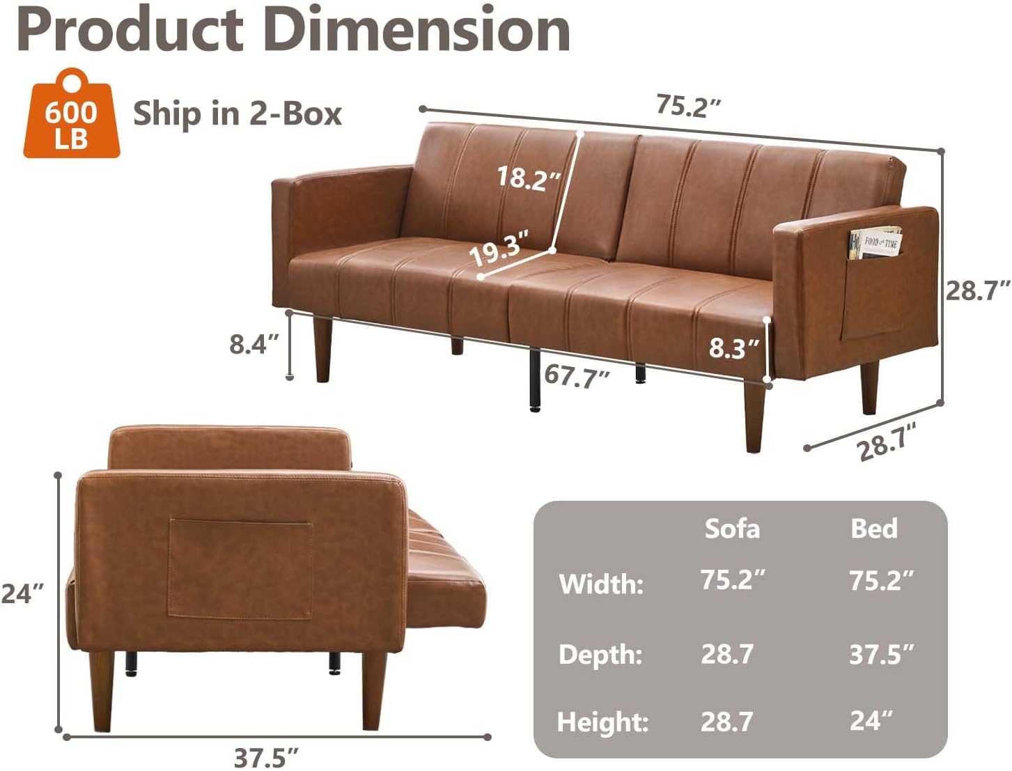 Garvee Modern Futon Sofa Bed, Convertible 75