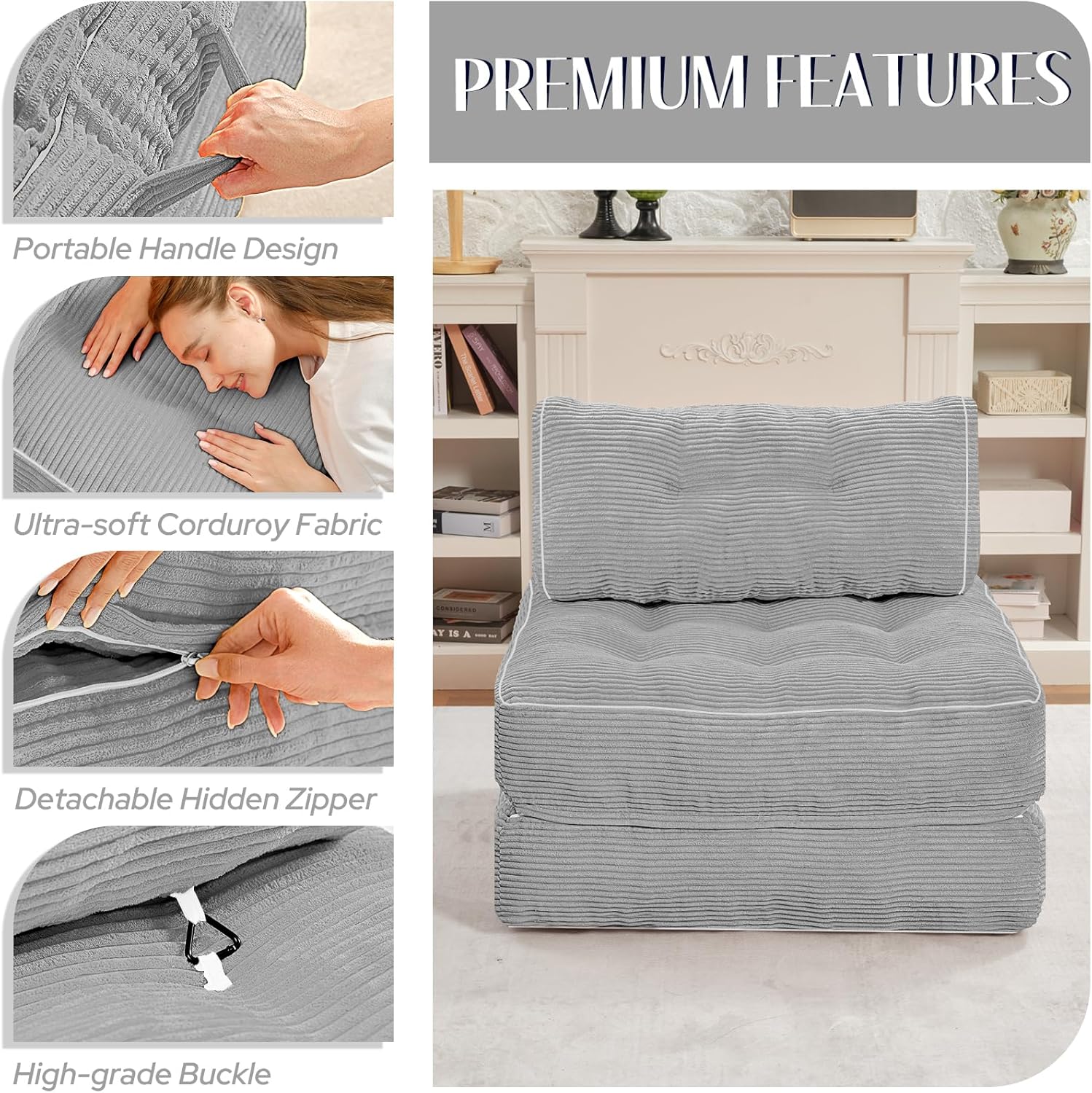 HABUTWAY Folding Sofa Bed, Convertible Sleeper Chair Bed with Dual Pillows & Handle, Foldable Floor Sofa Lounge with Back Support for Living Room, Bedroom, Apartment, Office, Single, Light Grey