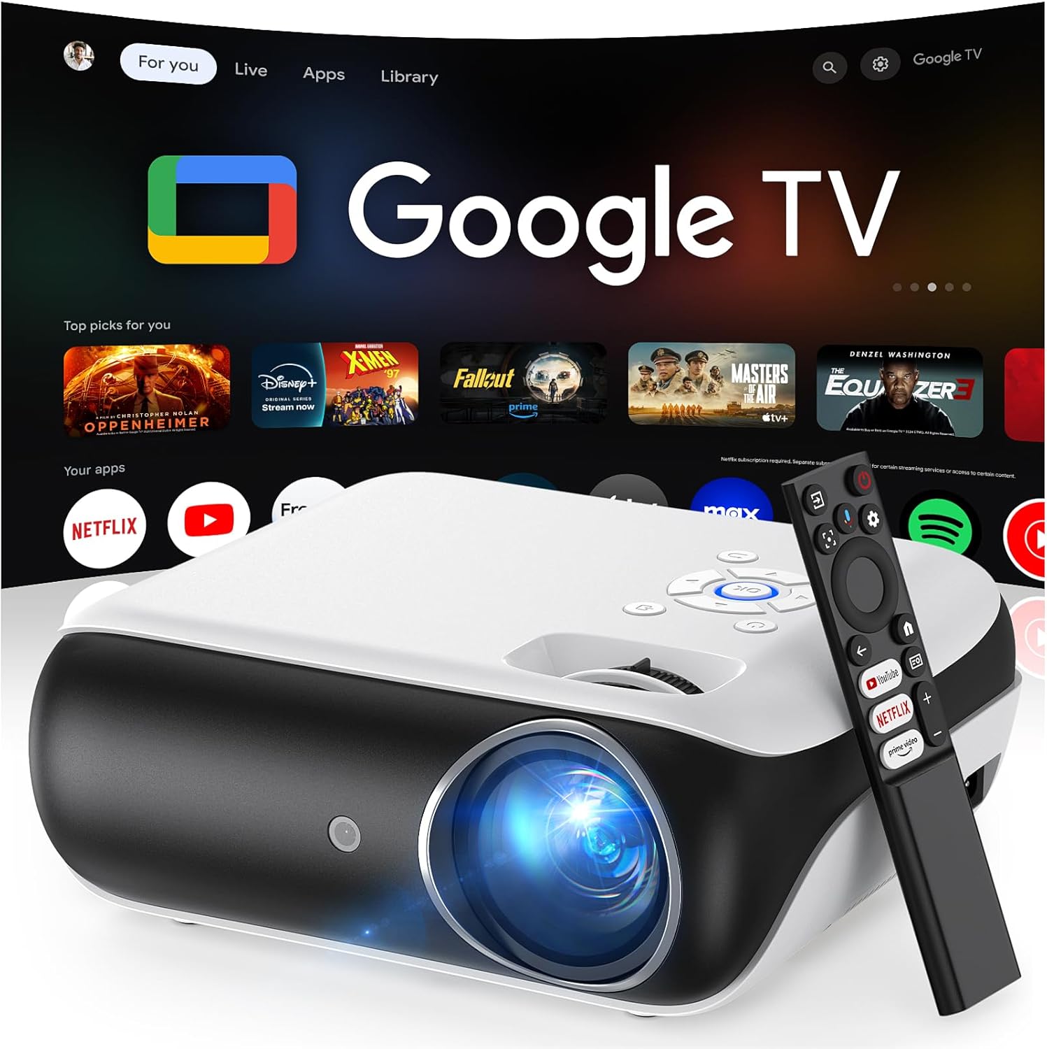 HAPPRUN Native 1080P Projector, Bluetooth Home Theater Movie Projector with Built-in Speaker, Compatible with Smartphone, HDMI, Fire Stick, PS5, Indoor & Outdoor Use -With Google TV System