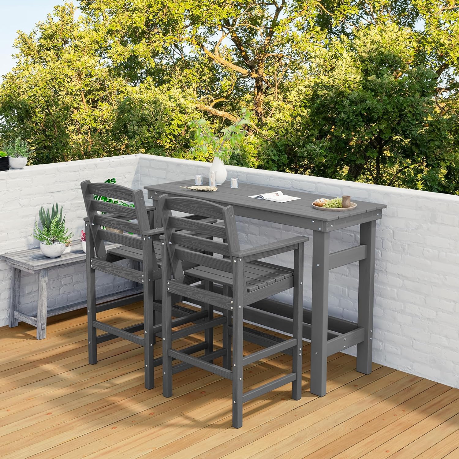 SERWALL Outdoor Bar Set - 2 Adirondack Bar Chairs & Bar Height Table with 1.6