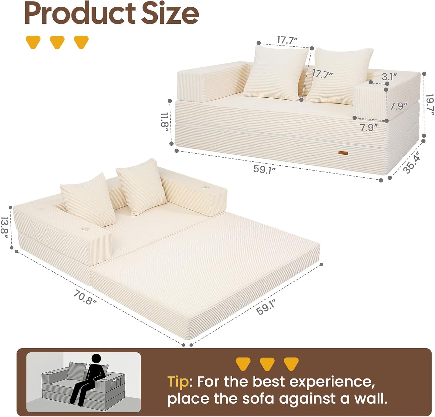 COMAX Futon Sofa Bed, 4-in-1 Convertible Sofa Bed, Folding Boneless Couches for Living Room, Foldable Small Loveseat Floor Sleeper Comfy Mattress Lounge Space-Saving, Beige
