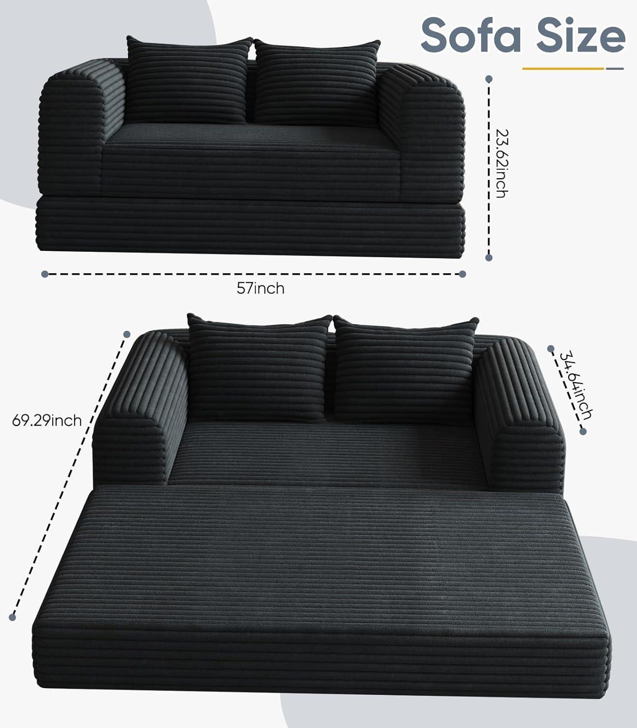 Versatile 2 in1 Loveseat Accent Chair Couch Convertible Boneless Chaise Lounge Chair Indoor Bean Bag Chair for Adult Teen, Portable Comfy Togo Fireside Chair Futon Floor Sofa Bed, 2 Seater, Black