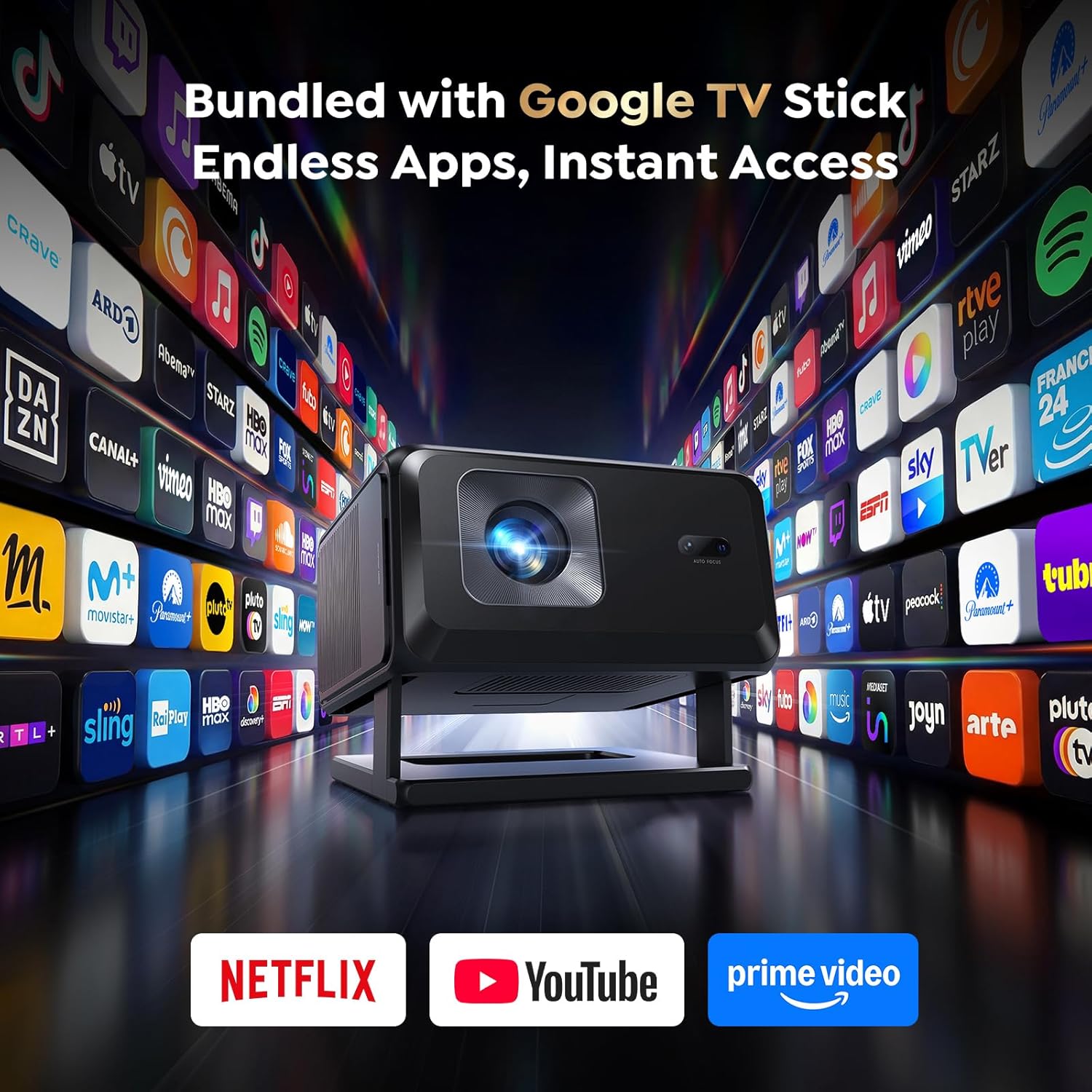 Smart Projector [Bundled with Google TV Stick & 4K Support] with WiFi and Bluetooth, Portable Mini Movie Short Throw Projector for Outdoor Use with Built-in Apps Auto Focus for Home Theater Bedroom Ceiling