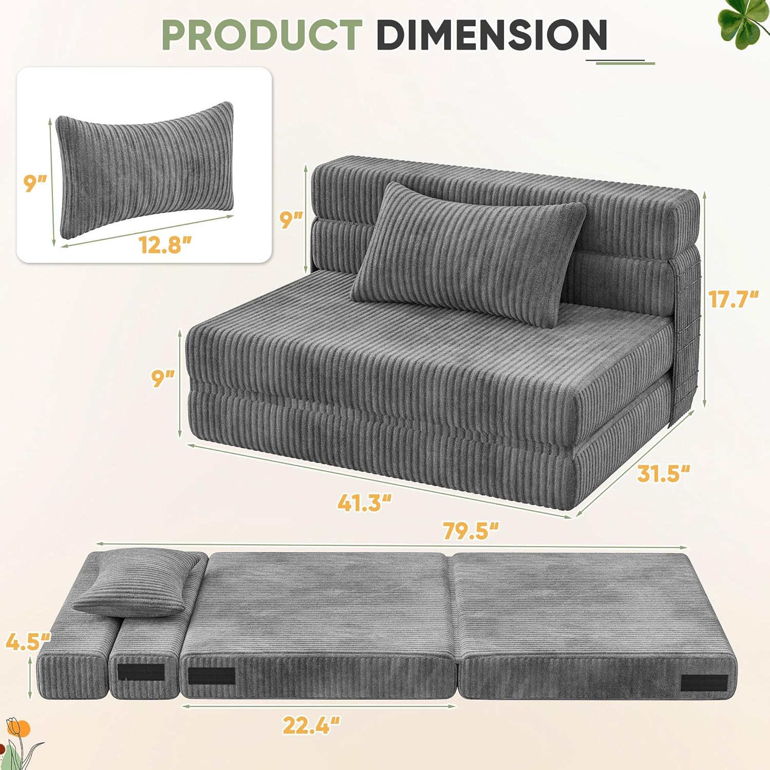 Homall Folding Sofa Bed, Floor Couch Convertible Sleeper Chair with Pillow, Comfy Futon Lounge Sofas, Portable Fold Out Chair Bed for Living Room, Small Space (Corduroy, Slate Grey)