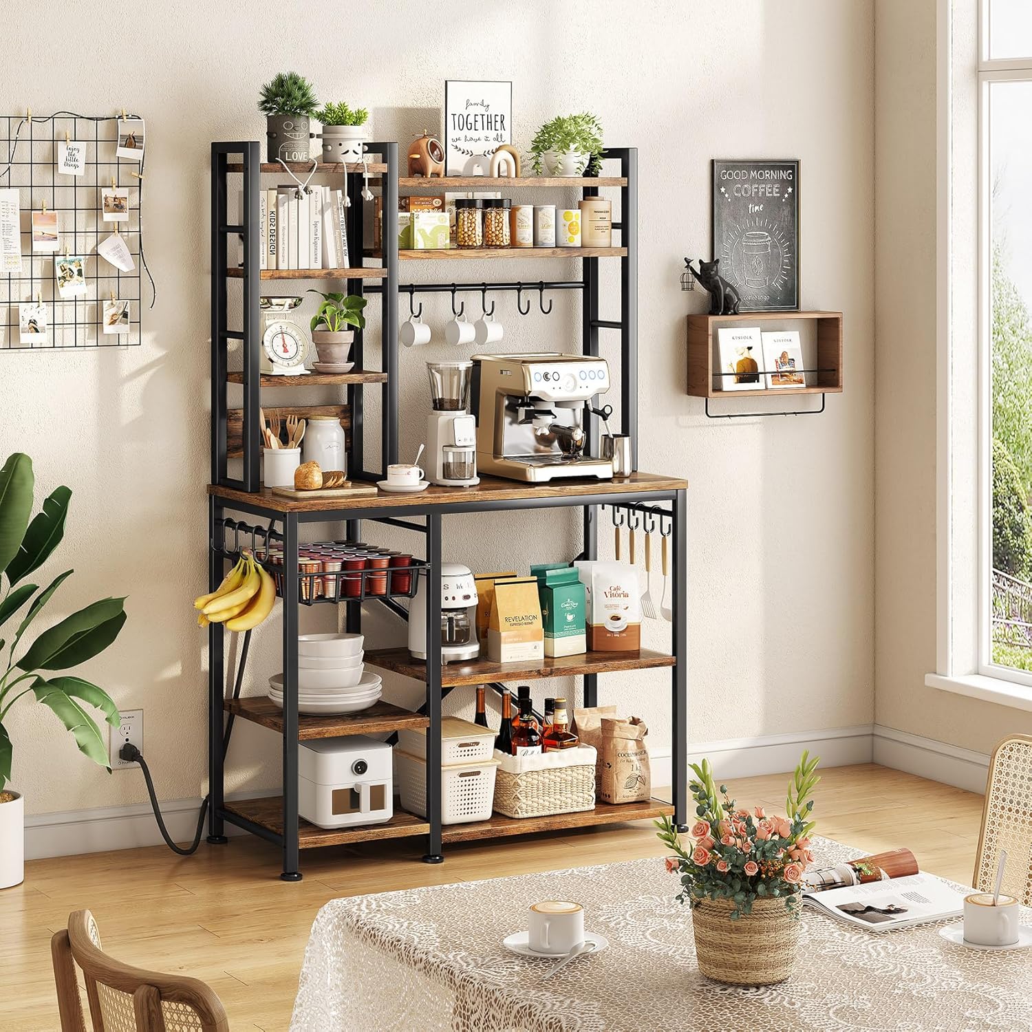 SNTD Baker Rack with Power Outlet - Microwave Stand with Storage, Large Coffee Bar Station with 14 Hooks, Metal Kitchen Shelf Rack for Spices, Pots (Rustic Brown)| with Power Outlet, with Storage, with 14 Hooks, for Spices, for Pots