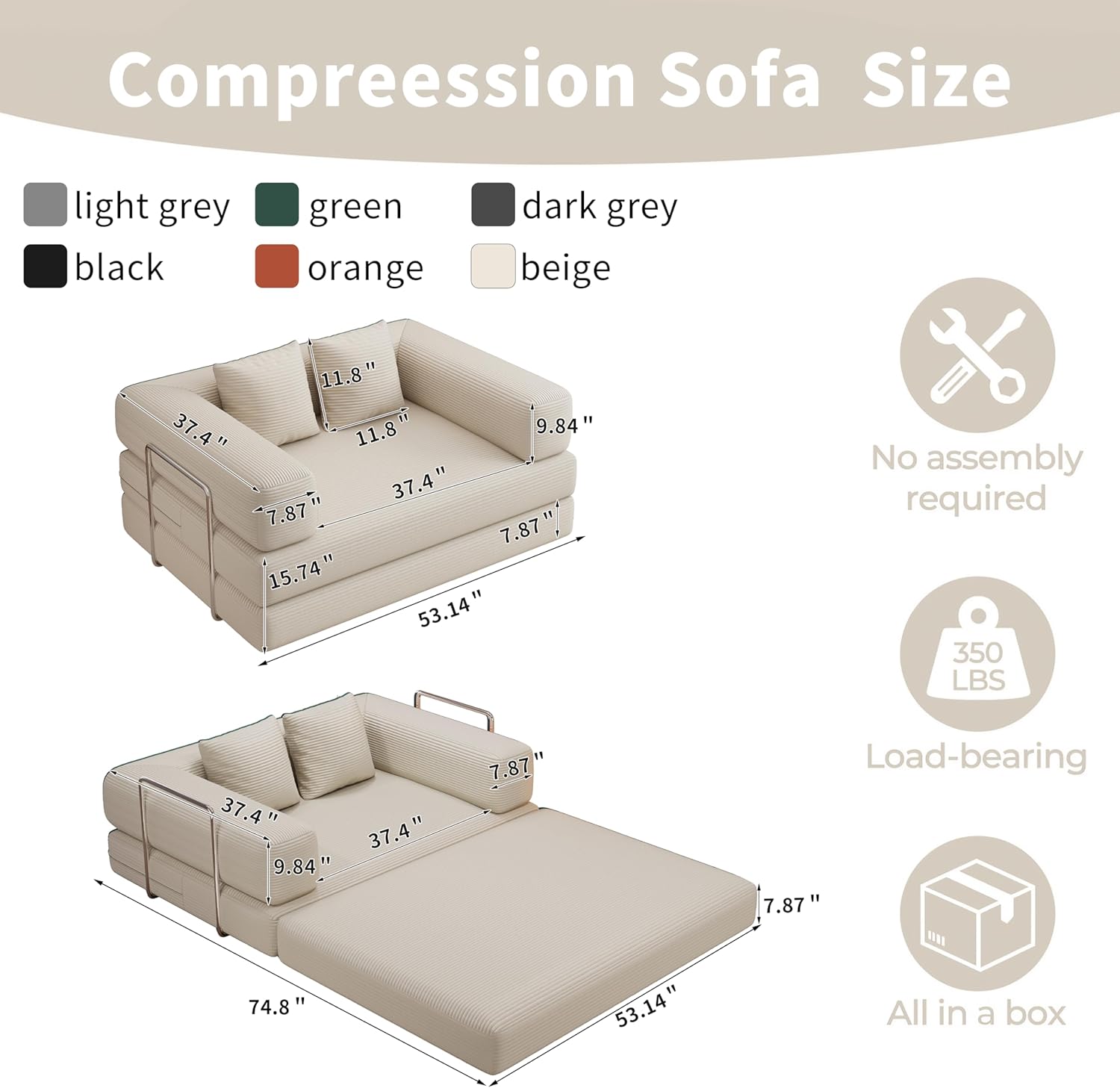 BSHOMGI 4 in 1 Futon Sofa Bed Queen Size - Foldable Convertible Sleeper Sofa Couch, Removable Washable Corduroy Cover, Space Saving Floor for Living Room (Beige, 53.15