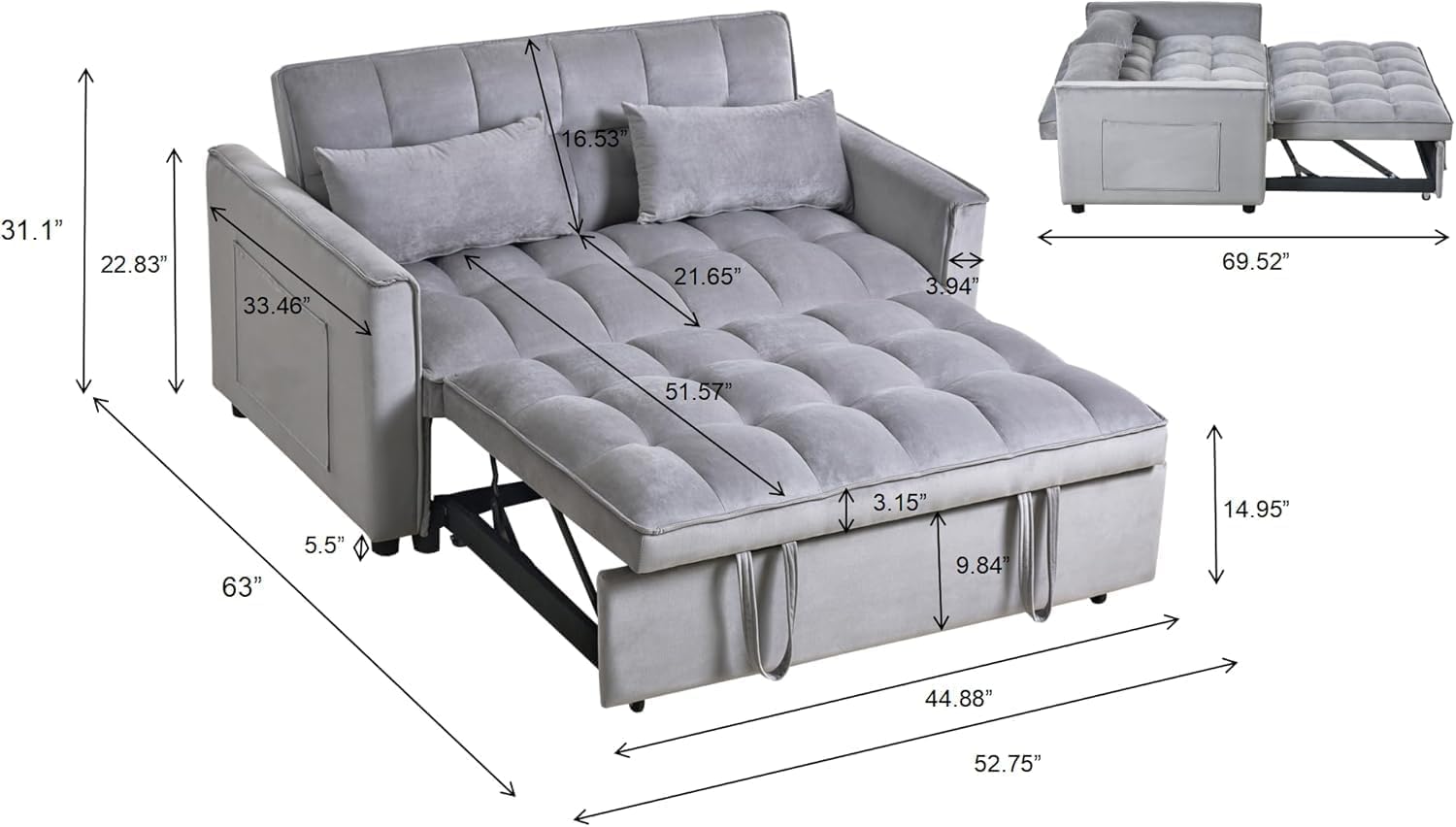 Convertible Sofa Bed, Love Seat Sleeper Bed with Side Pockets, 3 in 1 Velvet Fabric Pull Out Couch with Adjustable Backrest for Living Room, Bedroom, Apartment, Light Gray