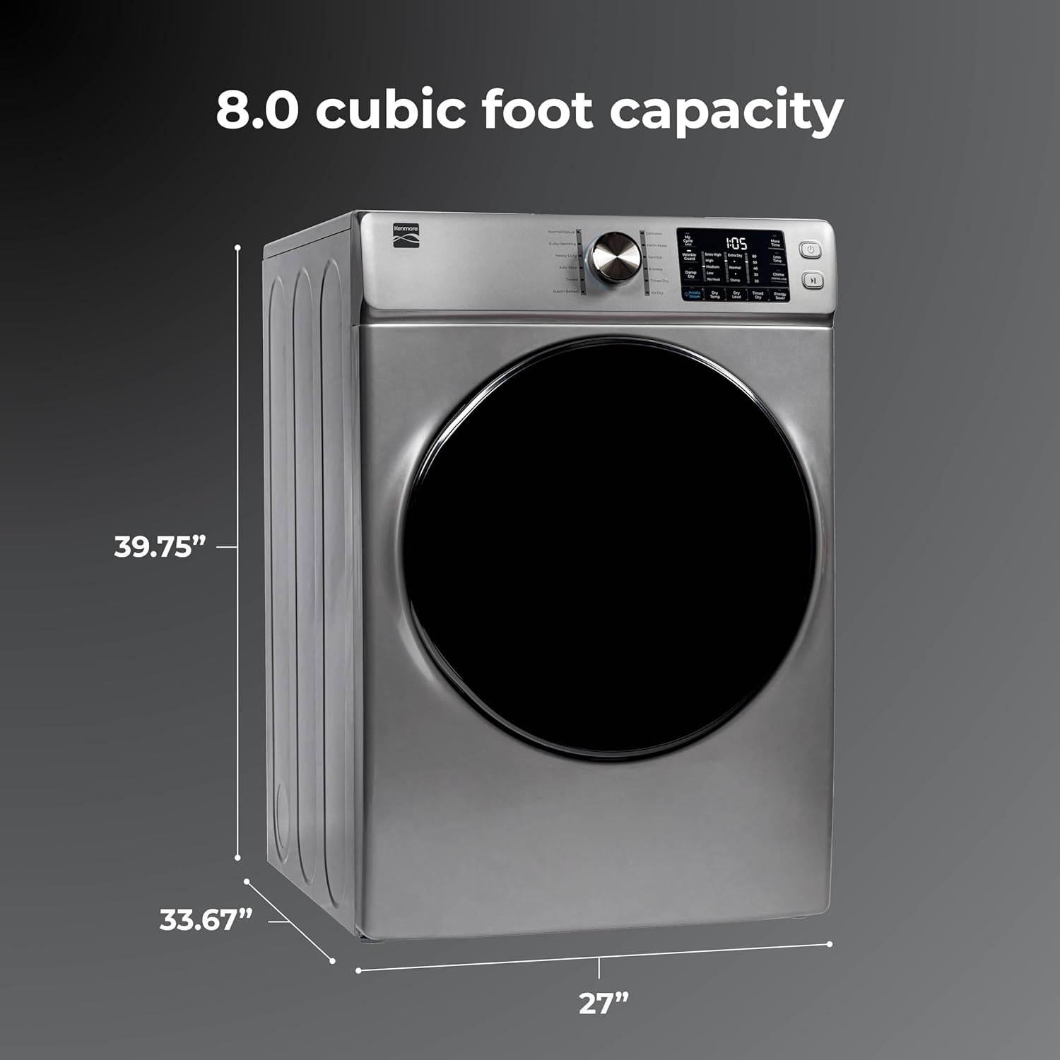 Kenmore 8.0 cuFront Load Electric Dryer with Wrinkle Guard & Accela Steam to Reduce Wrinkles, Static & Odors - Smart Sensor Drying - LED - ENERGY STAR Certified - Metallic Silver