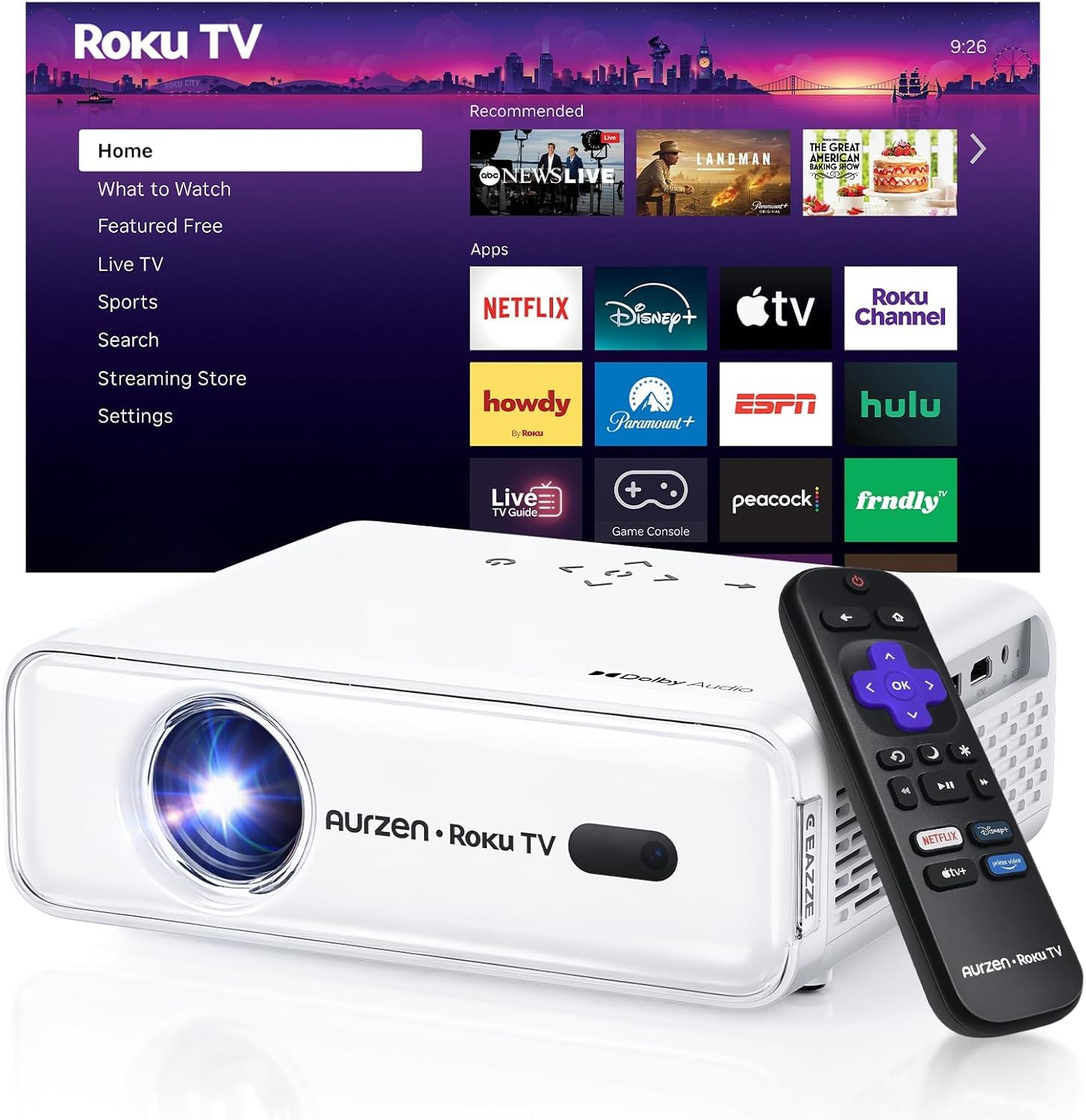 Aurzen Roku TV Smart Projector with Wifi and Bluetooth, Roku Streaming Experience Built-in, 1080P FHD, Dolby Audio, Auto Focus & Keystone, Zoom, Portable Outdoor Mini Projector, White