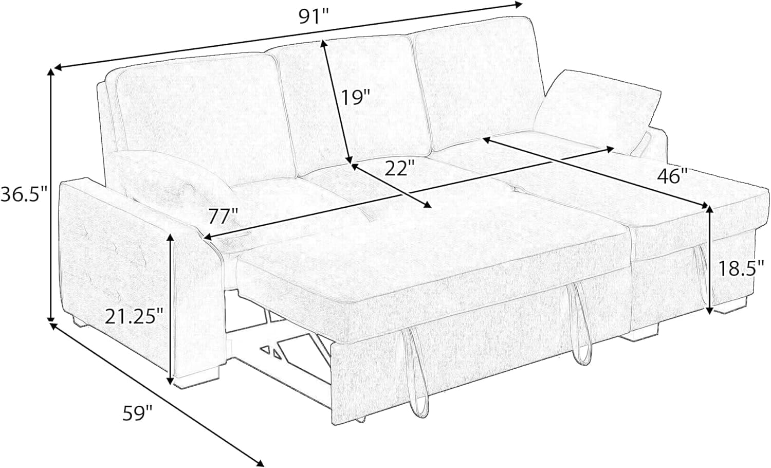 ERYE L-Shaped Pull Out Sleeper Couch Bed, Modern Chenille Upholstered Button Tufted Corner Couch Reversible Sectional Sleeper Sofa Bed W/Storage Chaise, Cup Holders
