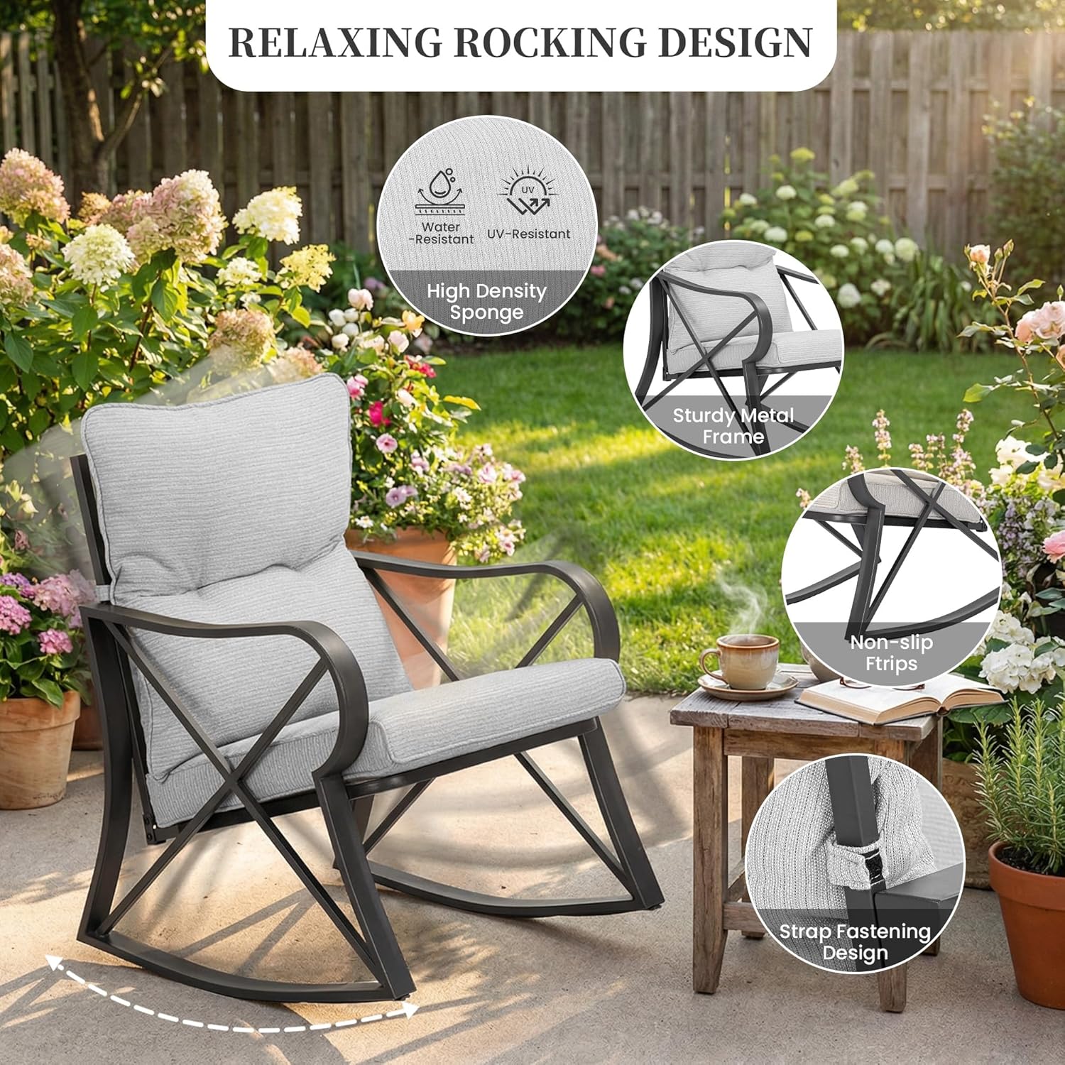 COSIEST 3 Piece Bistro Set Patio Rocking Chairs Outdoor Furniture with Warm Gray Cushions, Glass-Top Table for Garden, Pool, Backyard