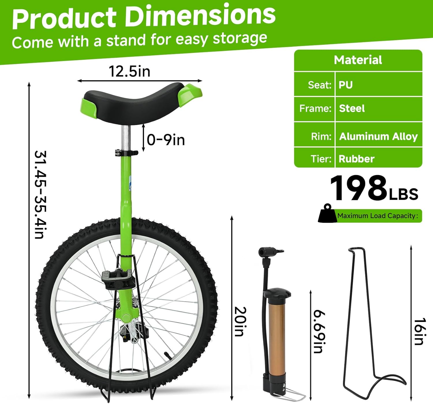 MYOYAY 20 Inch Unicycle, Unicycle for Adults, Mountain Unicycle Height Adjustable, Unicycle with Stand, Anti-Skid Pedal, Indoor Outdoor Sports Fitness Balance Training Fun Exercise Bicycle (Green)