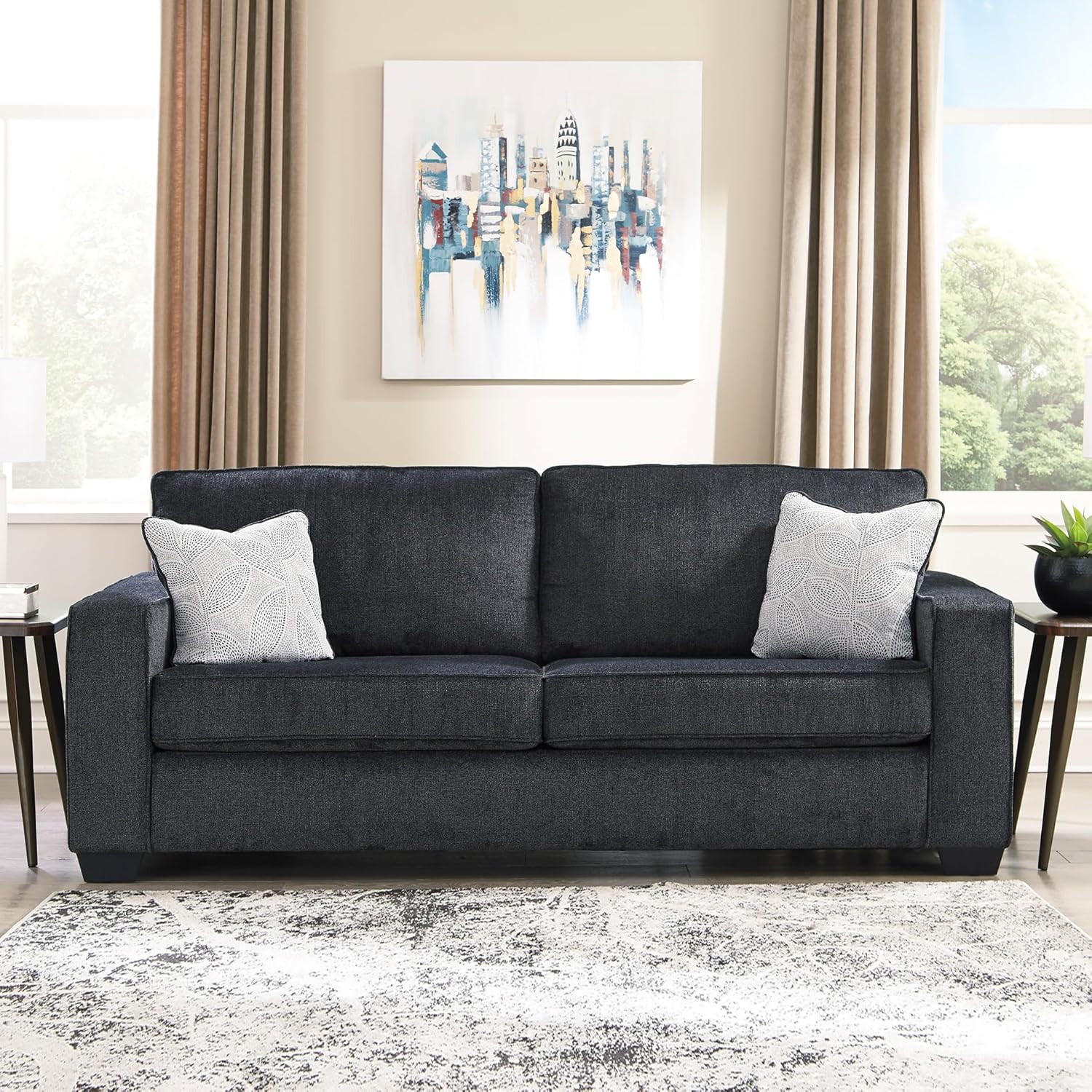 Signature Design by Ashley Altari Modern Queen Sofa Sleeper with 2 Accent Pillows, Dark Gray