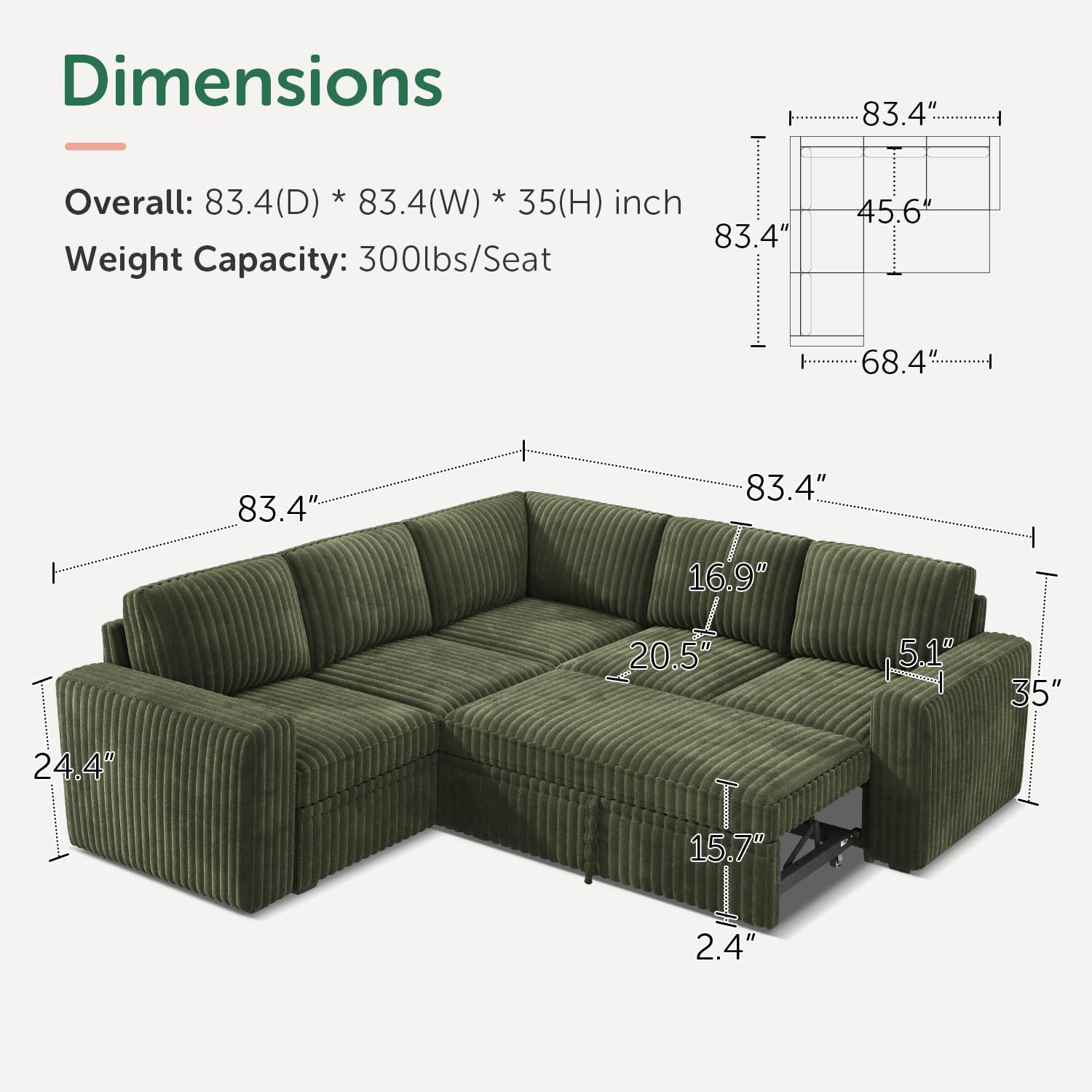 HONBAY Modular Sectional Sleeper Sofa with Pull Out Bed, Corduroy L-Shaped Couch with Storage, Sectional Couches for Living Room, Green