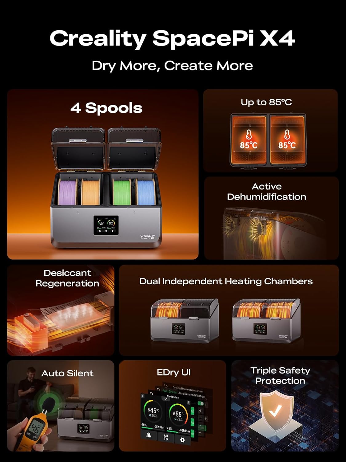 Creality Filament Dryer Box 4 Spools, Space Pi X4 Filament Storage Box, 200W PTC Heats Up to 85°C, Dual Heating Chambers, Fast Drying & Moisture-Free Storage, for PLA, PETG, TPU, ABS