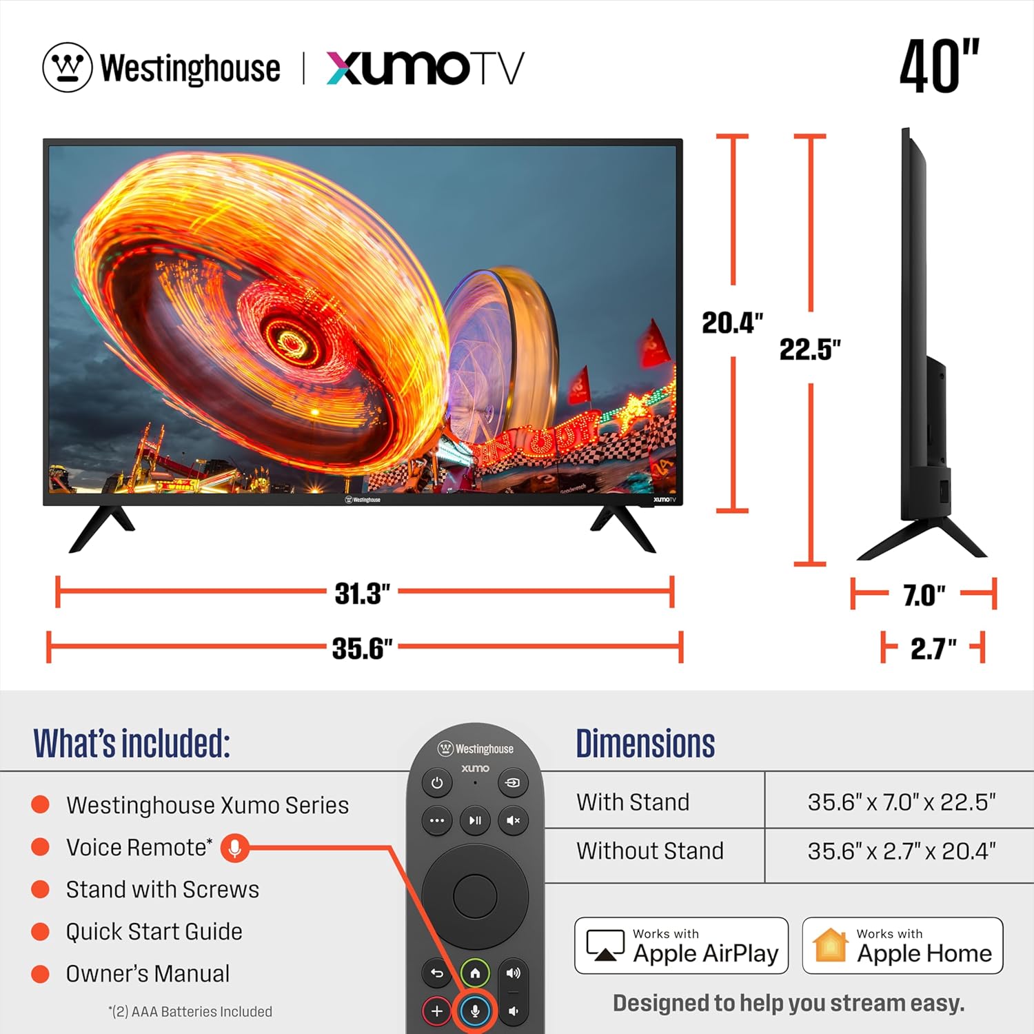 Westinghouse 40-inch Smart TV, FHD 1080P Xumo TV with Voice Remote, Flat Screen Television with Dolby Atmos, Bluetooth, Apple AirPlay, Wi-Fi & Mobile Connectivity