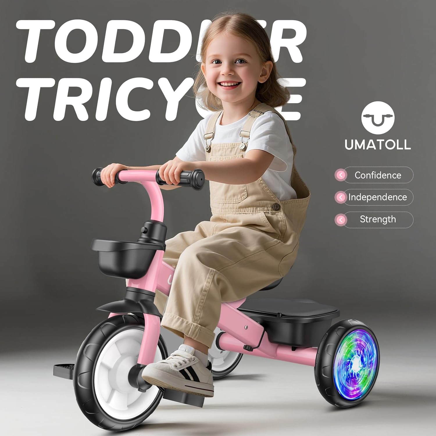 Umatoll Tricycle for Toddlers 2-5 Years Old, Adjustable Toddler Bike Outdoor Toys, Birthday Gift for Girls Age 2-4, Trike with Light-up Wheels
