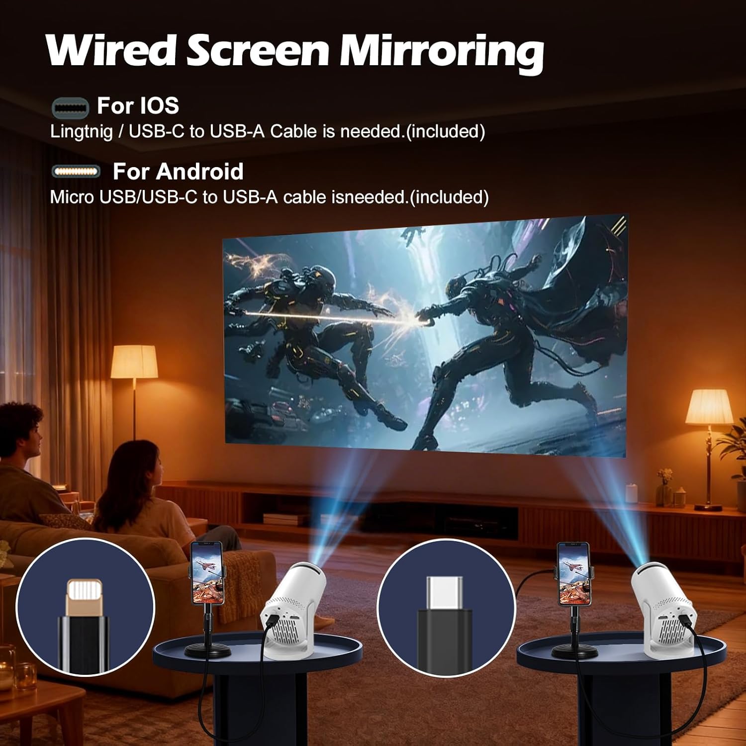 Mini projector, with wired screen sync 4K 1080P portable projector 180° rotation17-130