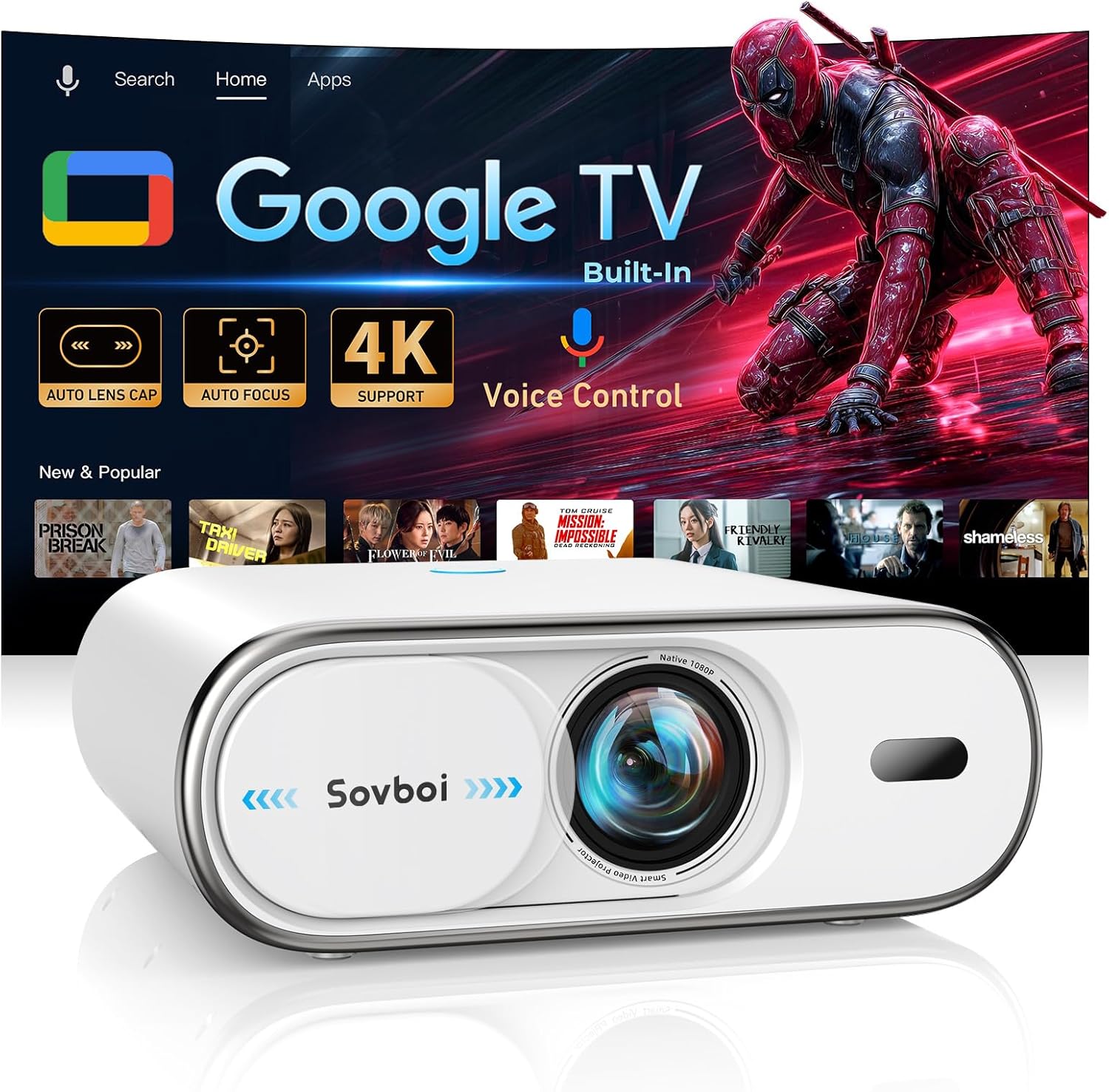 4K Projector with Google TV: 3000 Brightness/Auto Lens Cap & 4D Keystone/Auto Focus & AI Voice Control, Sovboi Portable Outdoor Projector with WiFi & Bluetooth, Smart Movie Projector for Streaming Apps