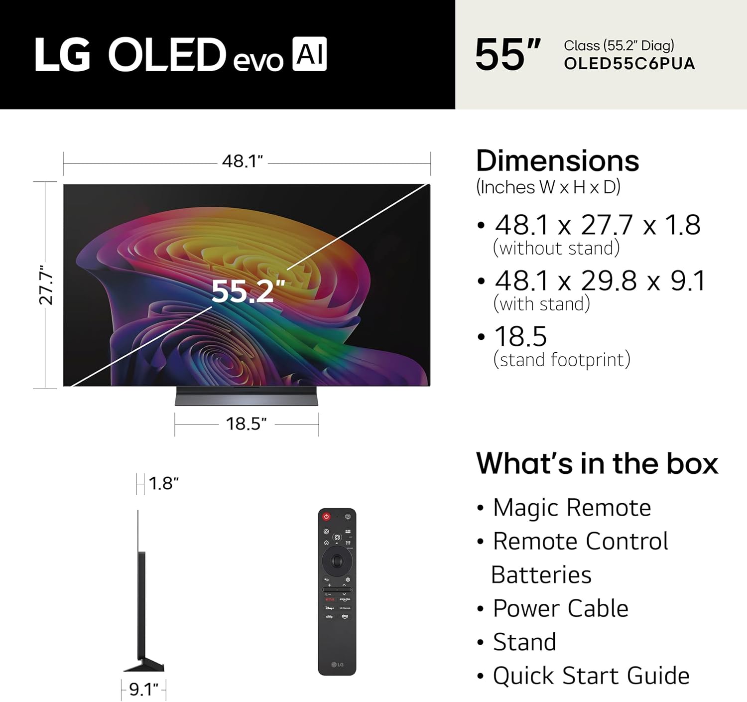 LG 55-Inch Class OLED evo AI 4K C6 Series Smart TV w/Dolby Atmos, Dolby Vision, HDR10, AI Super Upscaling 4K, Filmmaker Mode, Wow Orchestra, Compatible with Alexa (OLED55C6PUA, 2026)