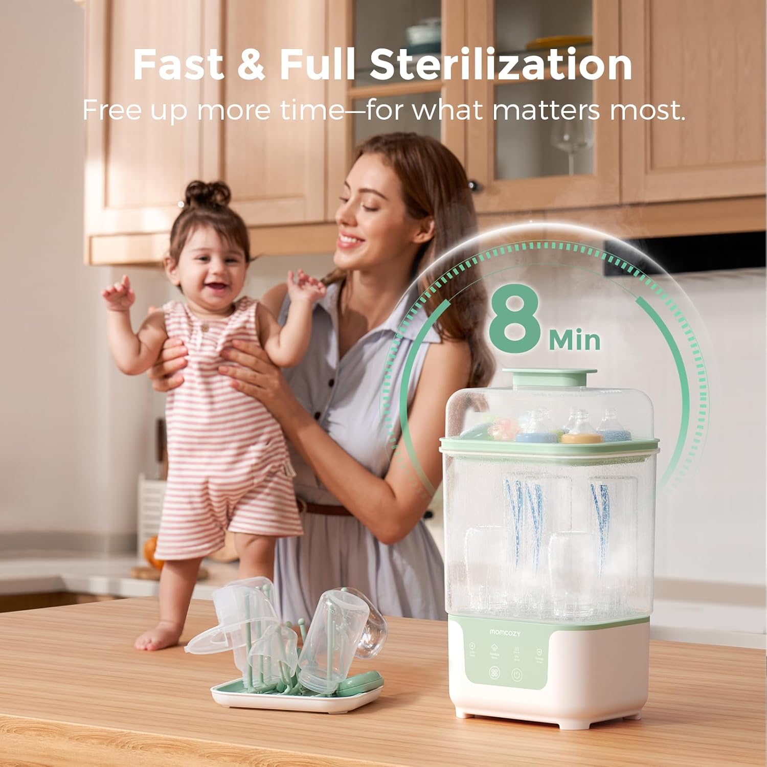Momcozy Bottle Sterilizer and Dryer, Modular Nesting Space Saving Design, 6 Bottle Capacity, 4 in 1 Compact Sterilizer for Baby Bottles, Breast Pump Parts & Newborn Essentials, Drying Rack Included