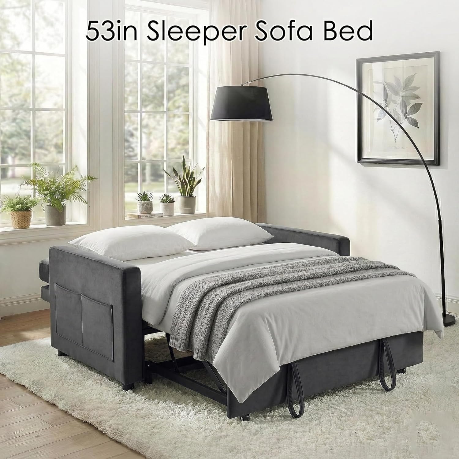 53'' Sleeper Sofa Bed, Convertible Pull Out Couch with Side Pockets, Velvet Fabric Futon Sofa Bed with Adjustable Backrest for Living Room (Dark Grey)