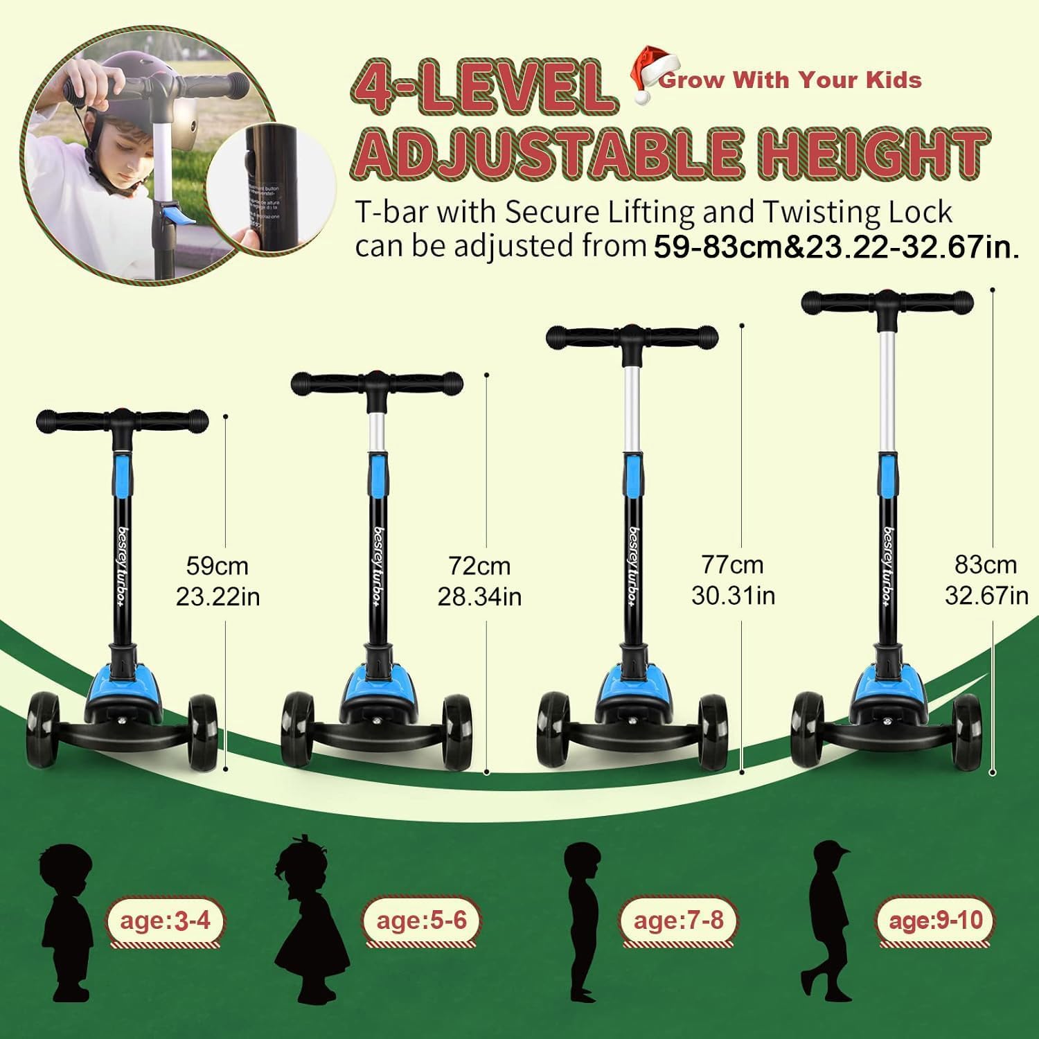 Besrey Kick Scooter for Kids Ages 3-10, 3-Wheel Folding Scooter with Adjustable Height, LED Light Wheels, Extra Wide Deck for Outdoor Activities