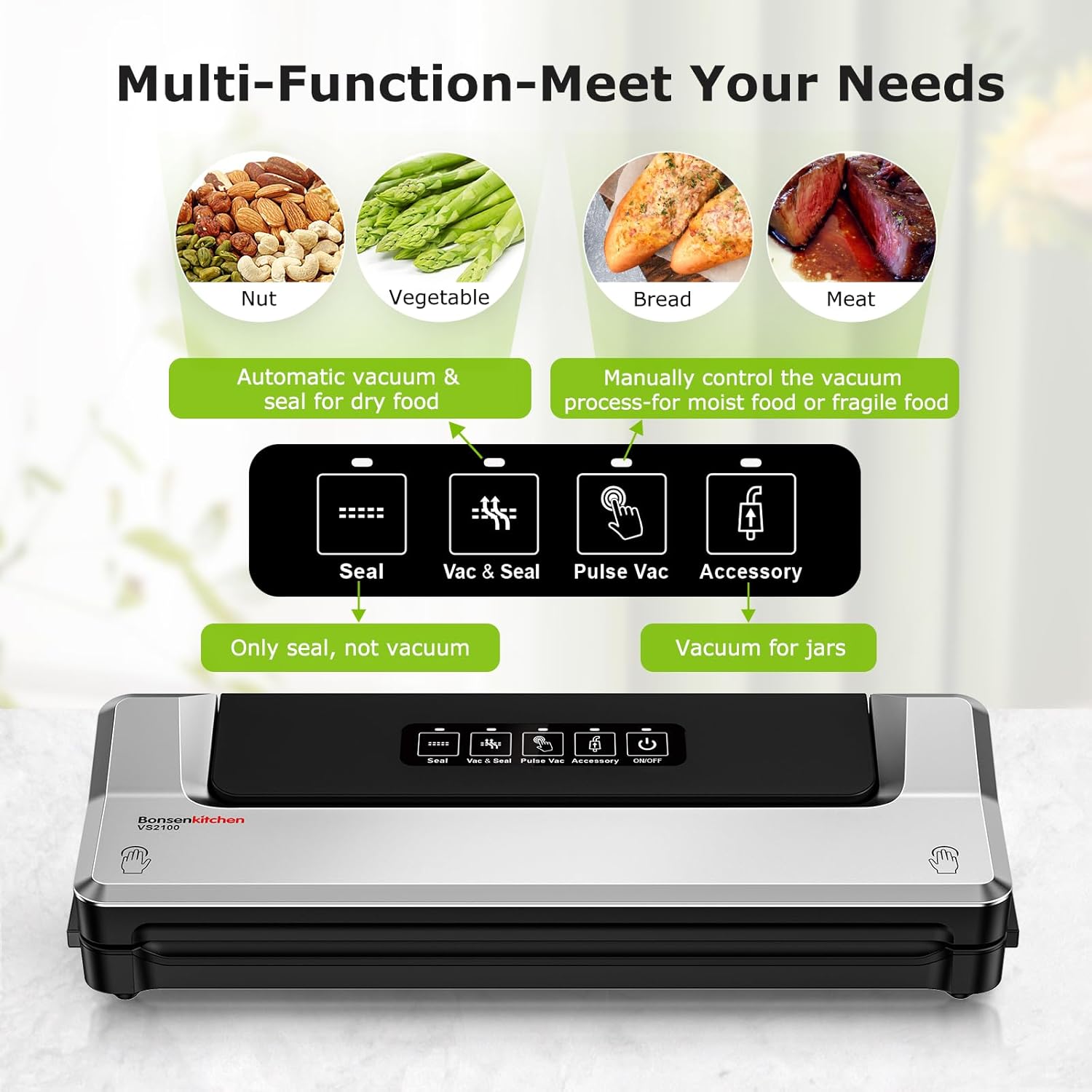 Bonsenkitchen Vacuum Sealer Machine| Compact Food Sealer for Kitchen Storage & Meal Prep| Multiple Modes​​| External Vacuum System| 5 Bags, Silver​​