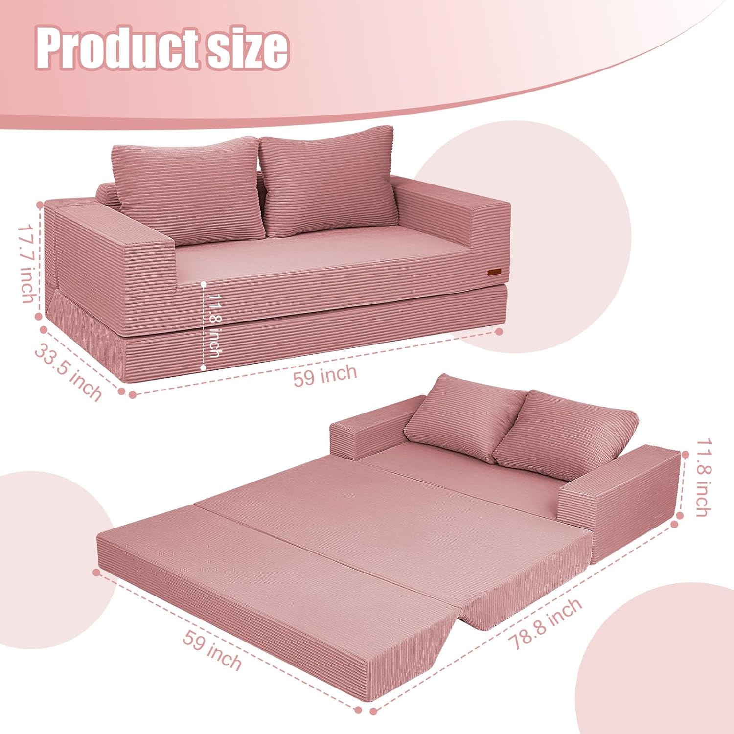 COMAX Convertible Sofa Bed Queen, Corduroy Folding Floor Couch Pull Out Couch Bed Futon Sleeper with Pillows, Fold Out Boneless Sofa Comfy Lounge Mattress Loveseat for Living Room Bedroom, Pink