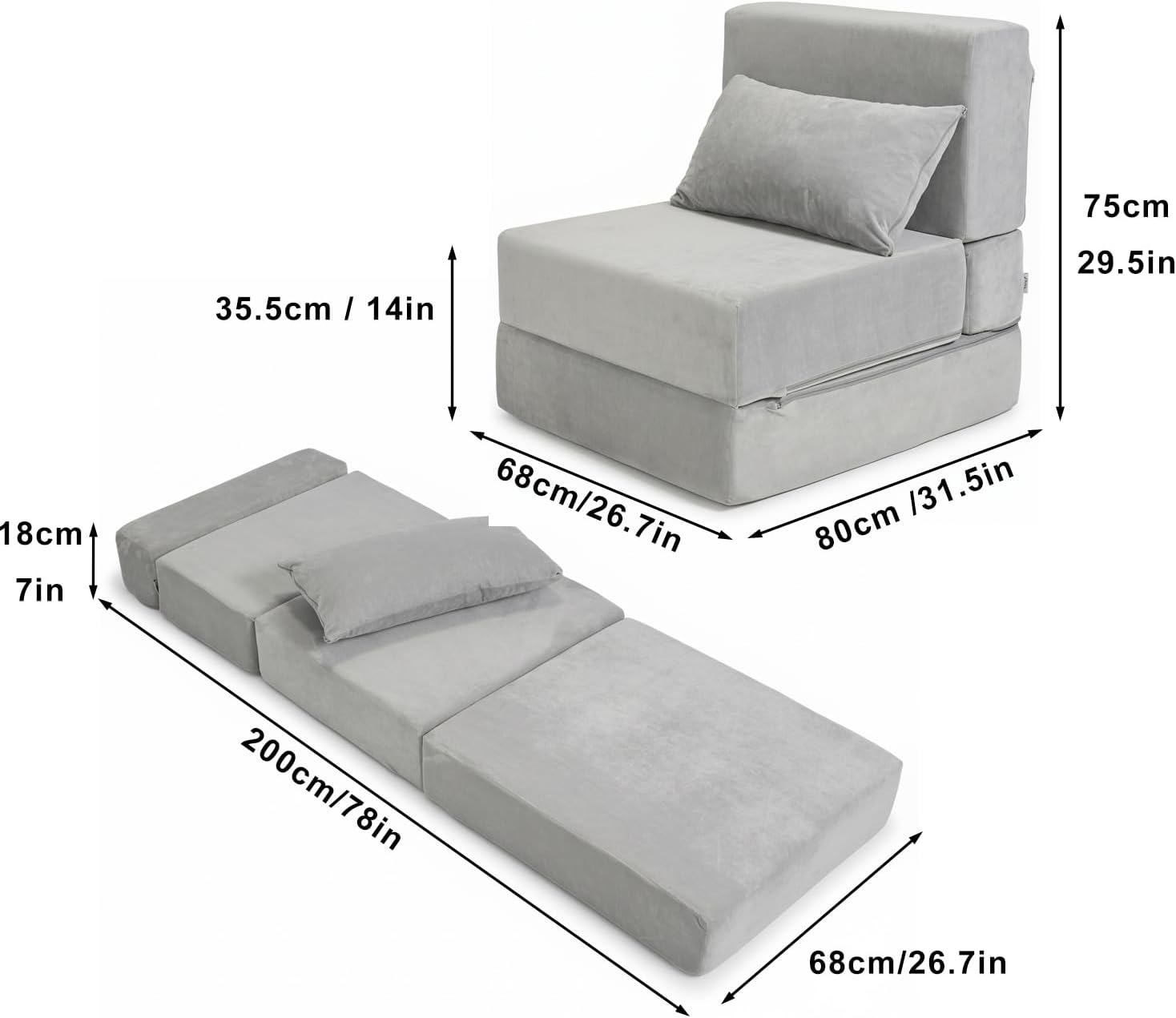Folding Sofa Bed, Convertible Sleeper Chair with Pillow, Foldable Mattress & Back Support, Portable Floor Lounger Futon for Apartment, Dorm, Living Room, Bedroom, Grey (Gray, Standard)