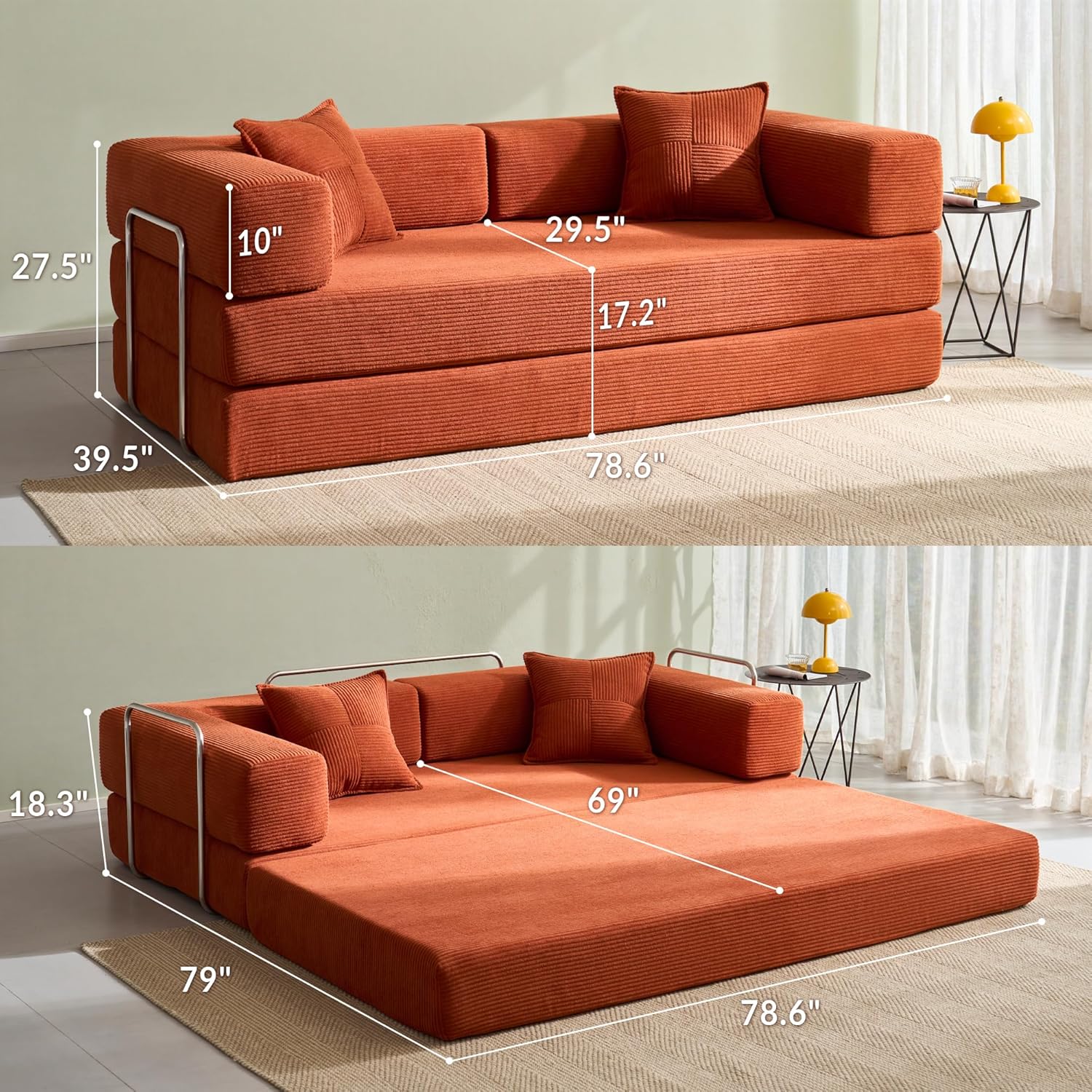 Compression Sofa - 78'' Convertible Floor Sofa Bed - with Pillow Back Support Armrest - Comfortable Foldable Sofa Bed Compressed Sofa in Box - Corduroy Fabric - for Living Room Bedroom(Orange)