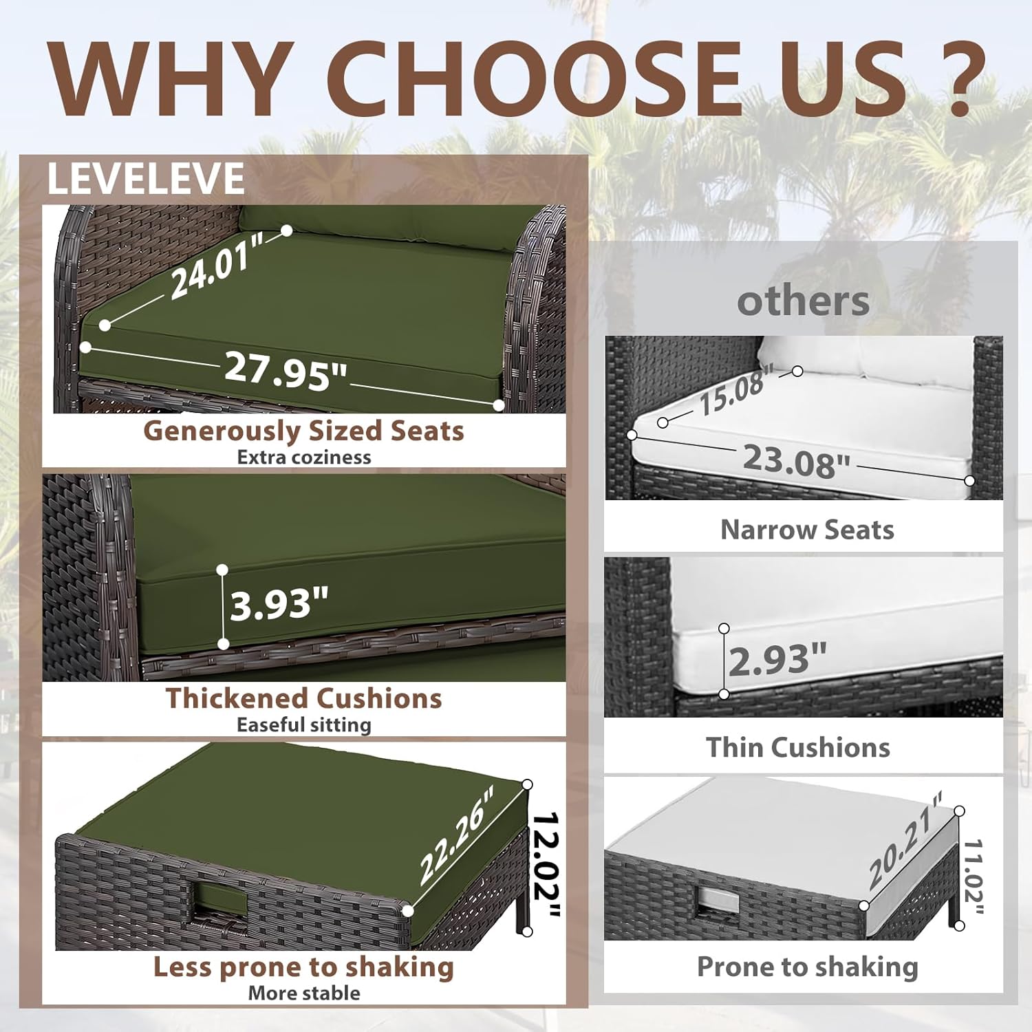 LEVELEVE Balcony Furniture 5 Piece Patio Conversation Set, PE Wicker Rattan Outdoor Lounge Chairs with Soft Cushions, 2 Ottomans & Glass Table for Porch, Lawn-Brown Wicker（Army Green