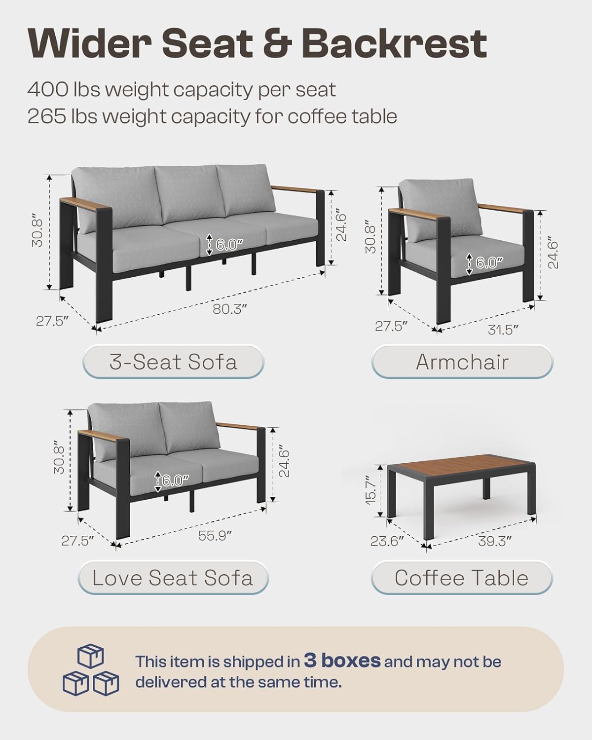 Aluminum Outdoor Patio Furniture Set with Coffee Table, 4-Piece Patio Conversation Set with Washable Thick Cushions, Outdoor Sectional Furniture Set for Poolside, Balcony, Deck, Gray
