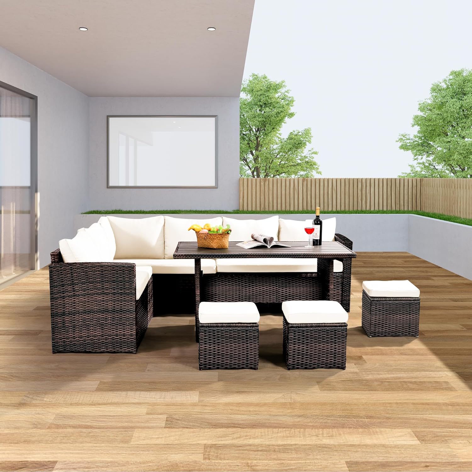 Wumiokio Patio Furniture Set, 7 Pieces Outdoor Patio Furniture with Dining Table & Chair, All-Weather Wicker Conversation Set with Ottoman, Brown Rattan & Ivory Cushions (Includes Sofa Dust Cover)