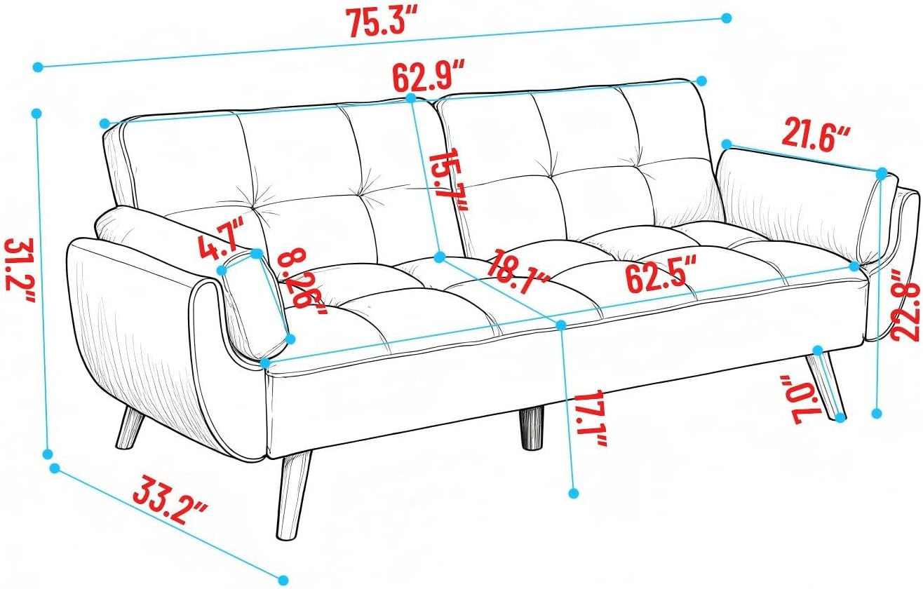 ERYE 75-Inch Linen Tufted Upholstered Futon Sofa Bed for Bedroom Living Room, Modern Convertible Futon Loveseat Sleeper Sofa Bed with Adjustable Backrest and Pillows| Easy to Assemble