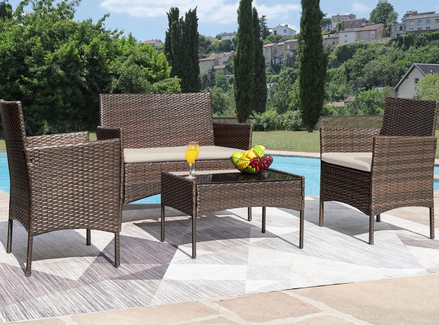Greesum Patio Furniture 4 Pieces Conversation Set Outdoor Wicker Rattan Chairs Garden Backyard Balcony Porch Poolside loveseat with Soft Cushion and Glass Table, Brown and Beige