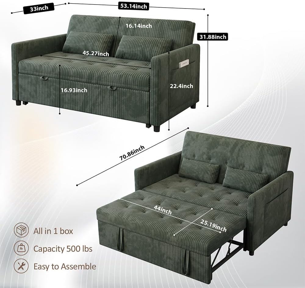 Sofa Bed, Loveseat 3-in-1 Sleeper Sofa with Pull Out Bed, Pockets and USB, Modern 2 Seater Convertible Small Couch for Living Room Bedroom Apartment (Green, Corduroy)