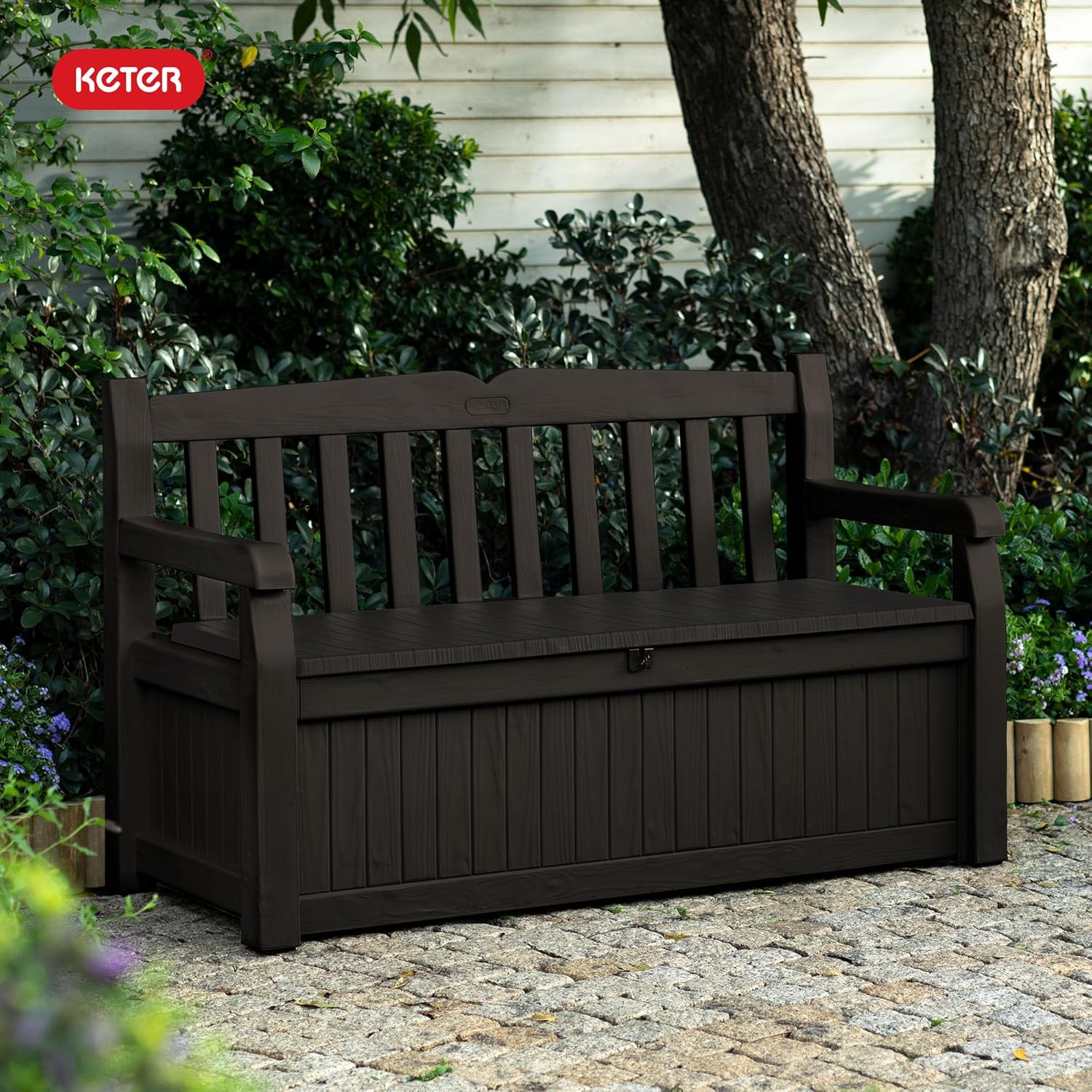 Keter Solana 70 Gallon Storage Bench Deck Box for Patio Furniture, Front Porch Decor and Outdoor Seating – Perfect for Storing Garden Tools and Pool Toys, Brown/Brown